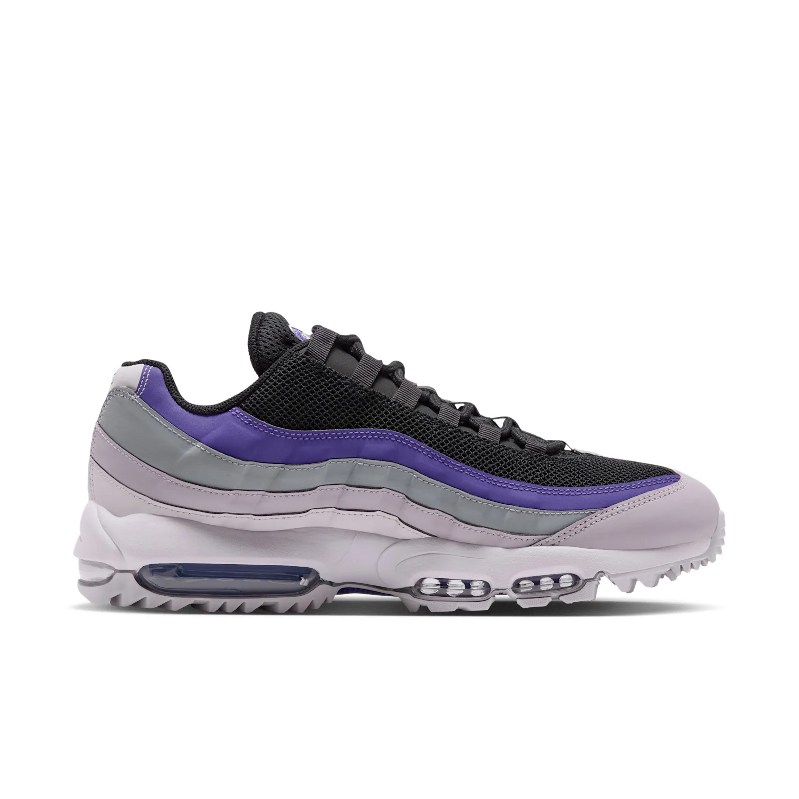 medial view, black mesh toe with purple stripe, grey and lilac side panels, Dark Iris