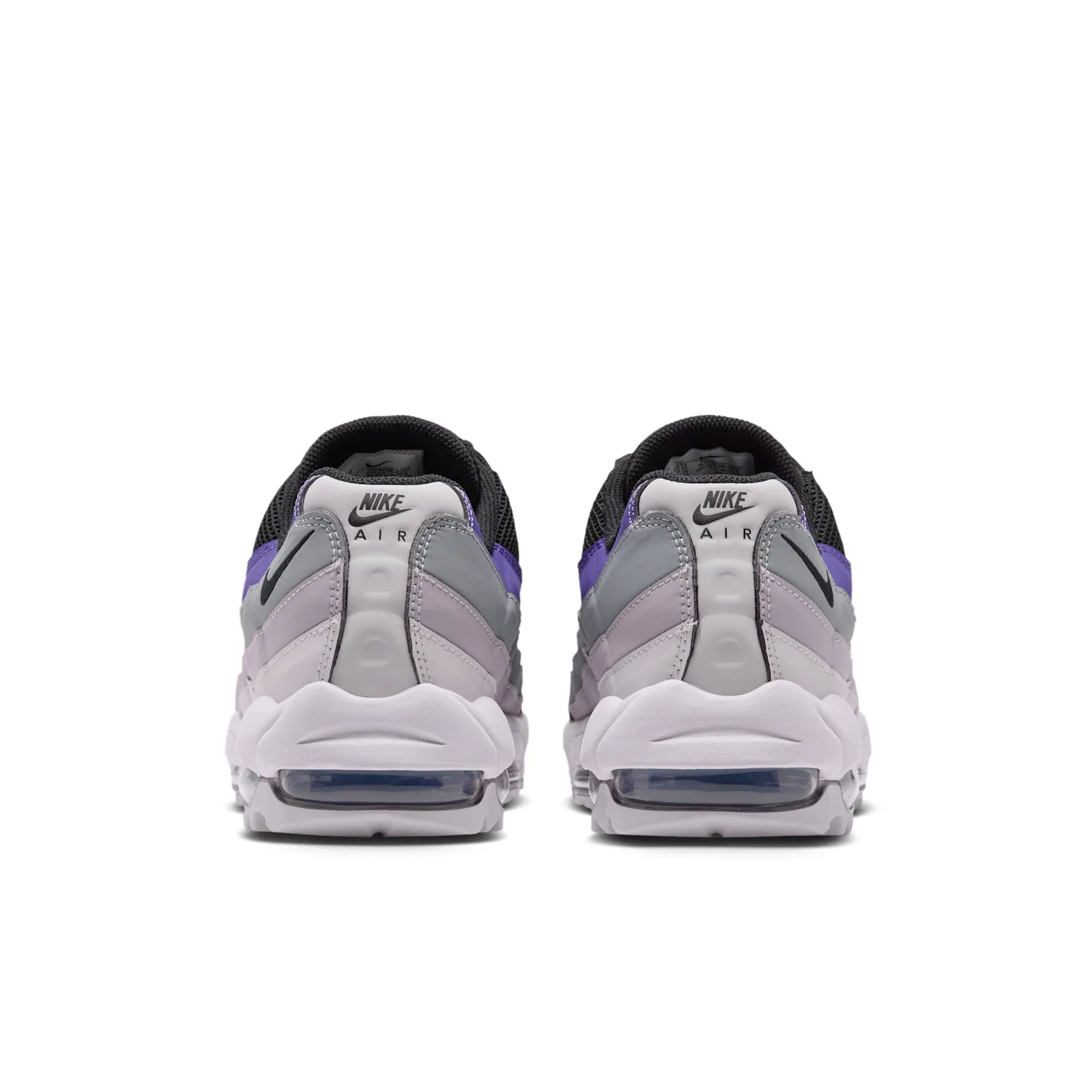 rear pair view, purple and grey heel panels with white Nike Air heel tabs, Dark Iris