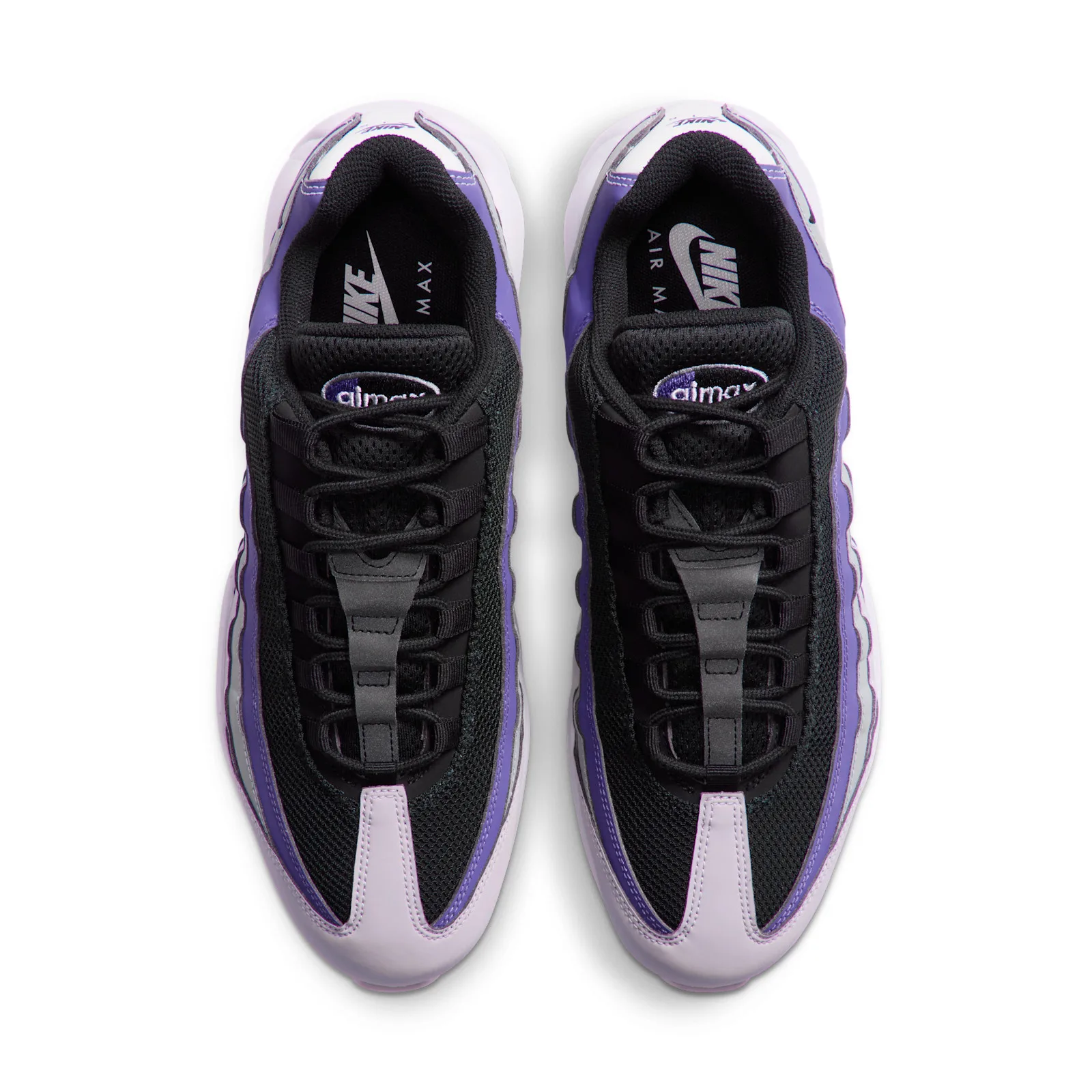 top-down pair view, black mesh tongues with purple air max tab, lilac side panels, Dark Iris