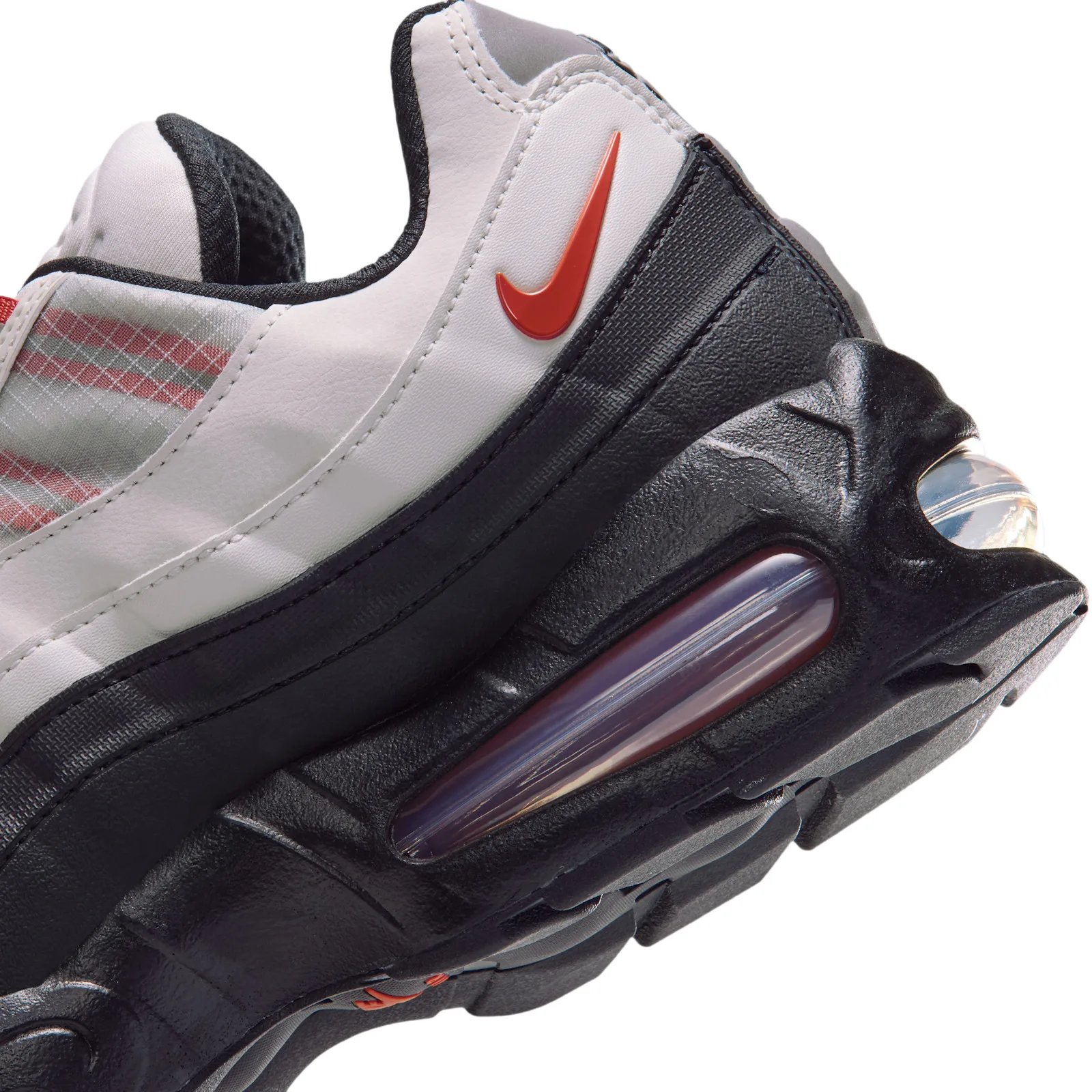 close-up heel detail with red swoosh and clear air bubble unit, Campfire Orange