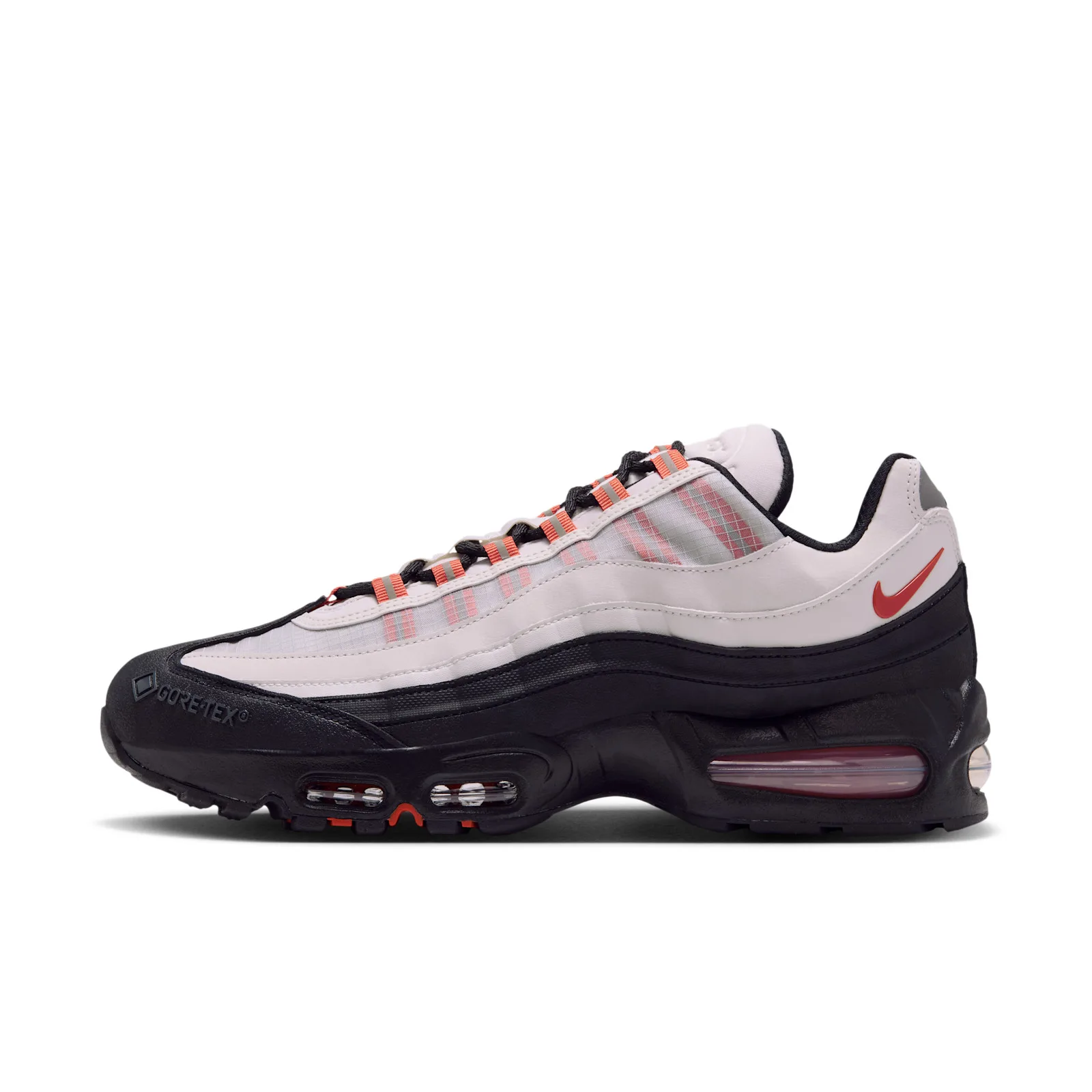 lateral view on white, orange swoosh and grey plaid stripes, Campfire Orange