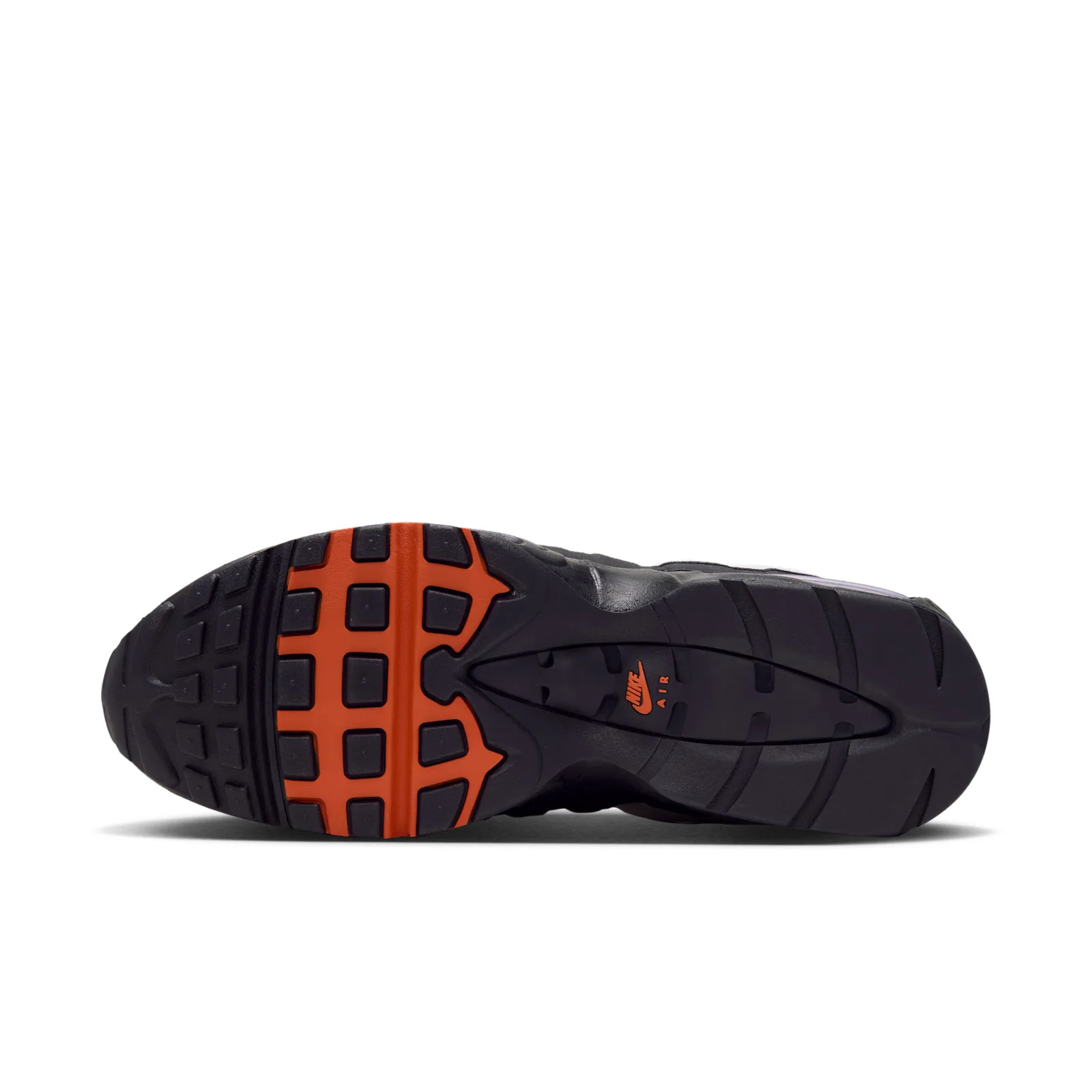 outsole close-up, black waffle tread with orange grid pattern, Campfire Orange