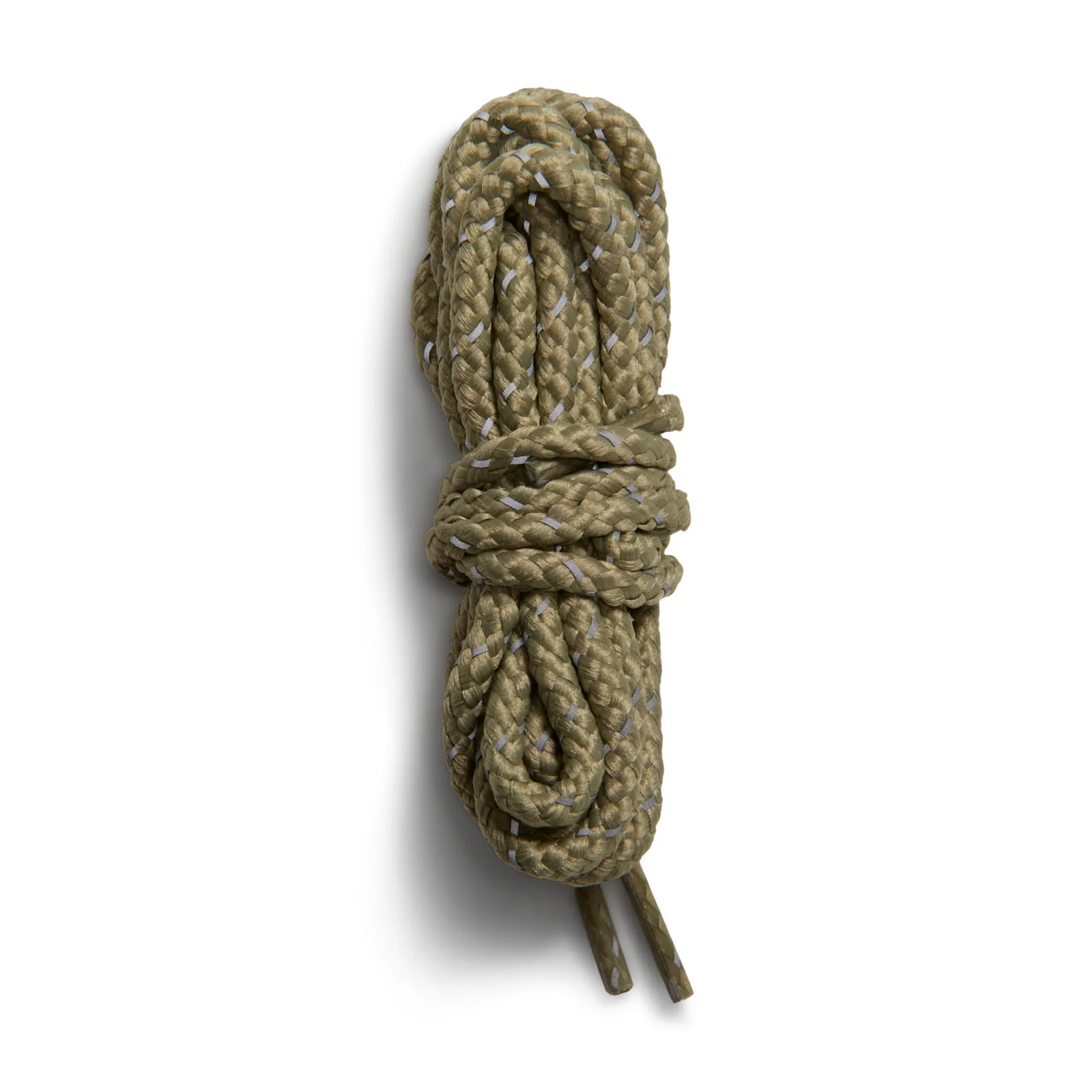 Detail of coiled olive and tan laces with reflective flecks, I 95