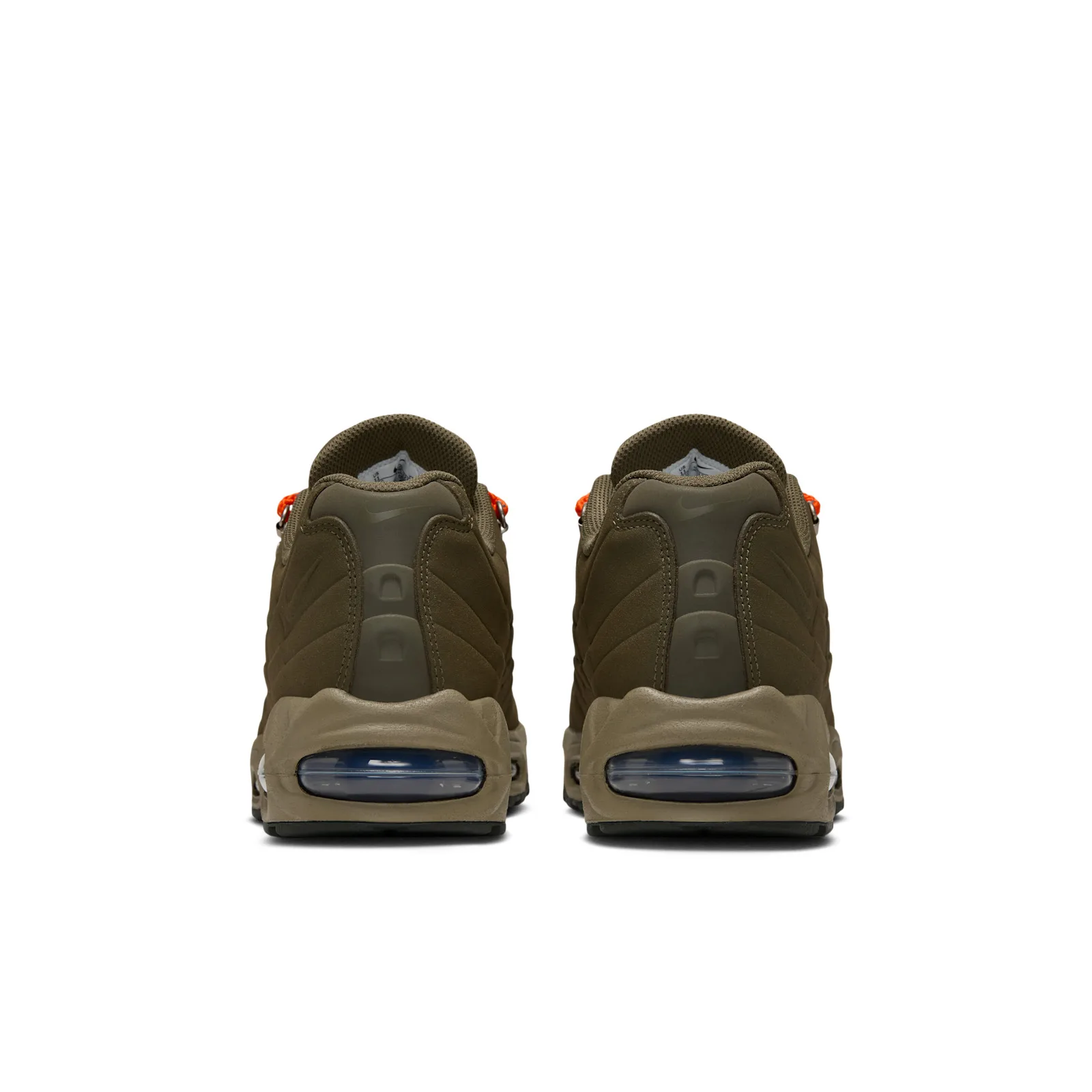 Pair from behind, olive heels with tan midsoles and navy air units, I 95