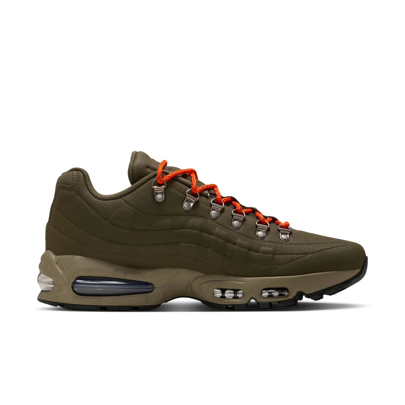 Lateral view angled toward toe, orange laces, tan sole with dark tread, I 95