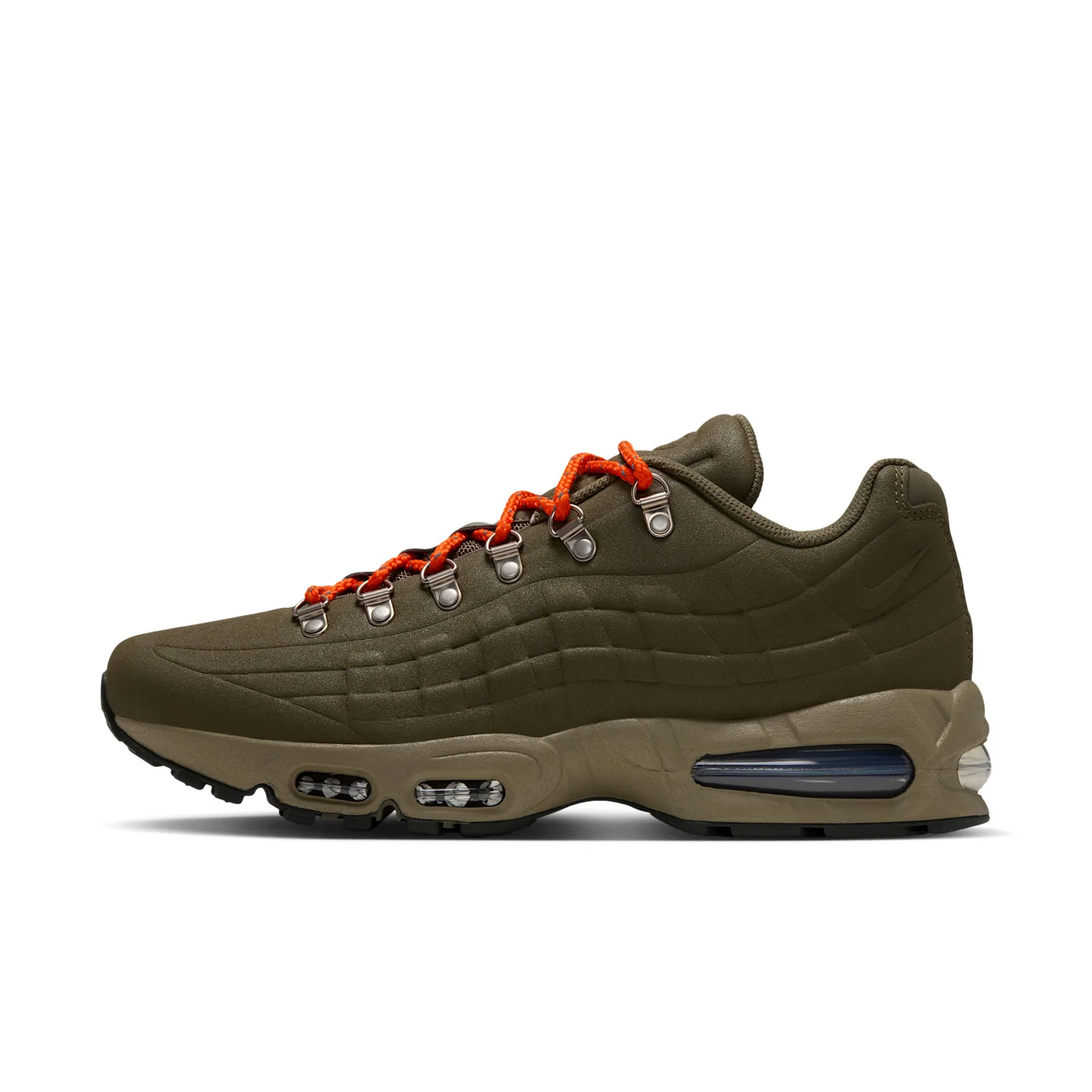 Lateral view, olive upper on white, orange laces and tan midsole visible, I 95