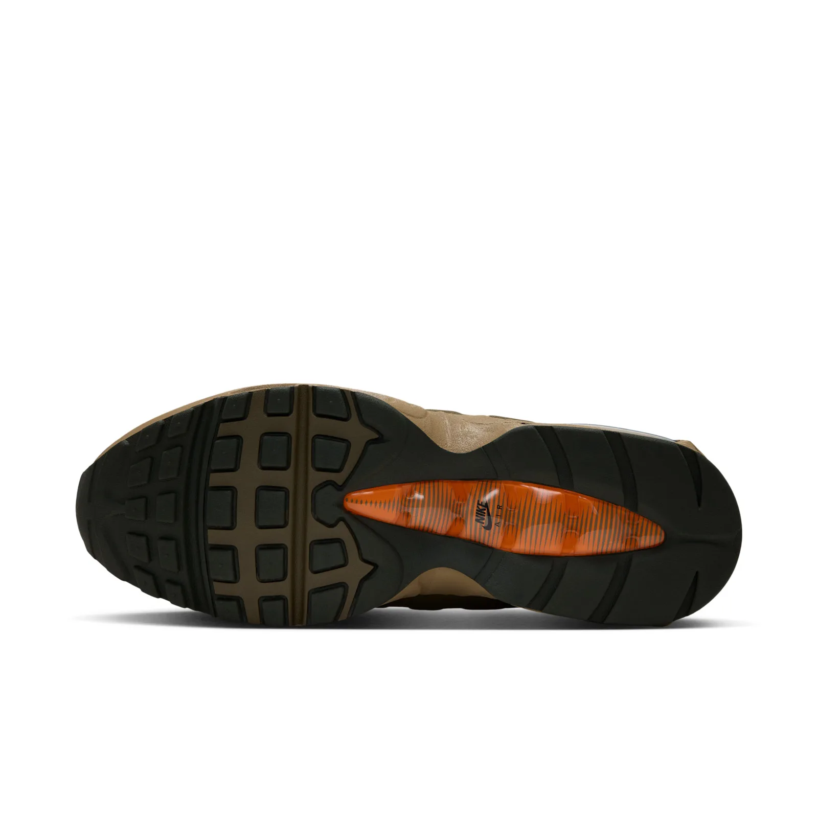 Outsole view, tan and black tread with orange visible air window, I 95