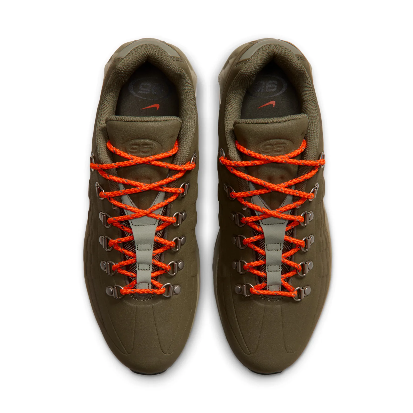 Pair top-down view, orange laces crossed over olive tongues with 95 logo, I 95