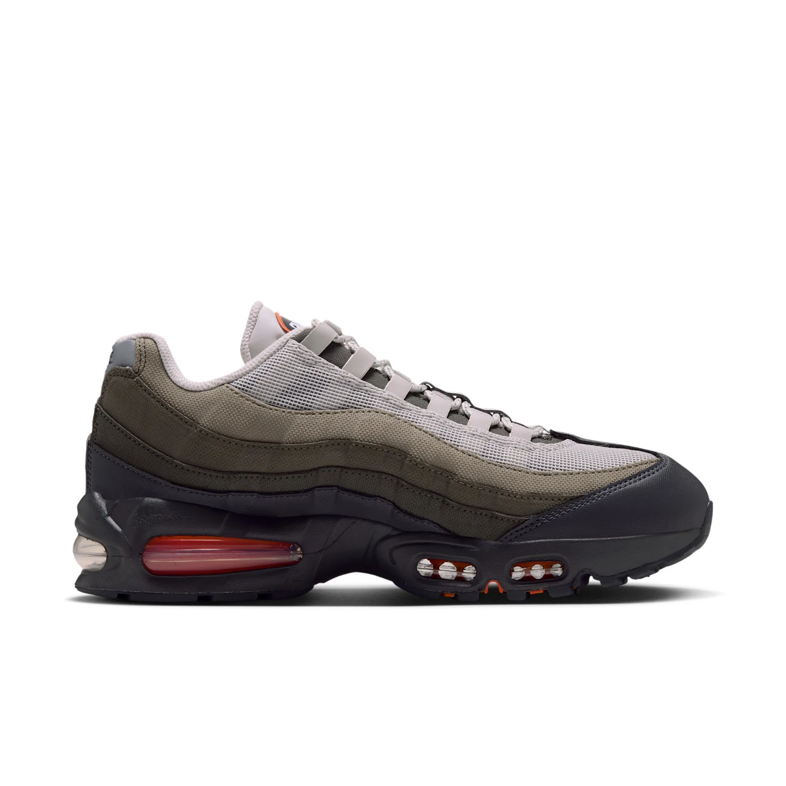 Lateral view of the Light Bone, Grey gradient upper gets canvas fabric paneling