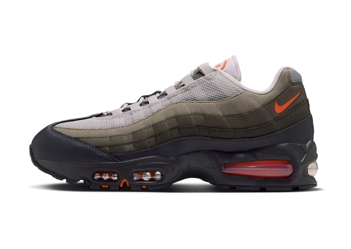 Lateral view of the Nike Air Max 95 "Light Bone" in Light Bone/Anthracite/Dark Loden/Safety Orange