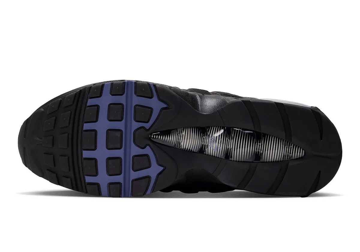 outsole view, black tread with purple gel-like accents at heel, Pencil Point