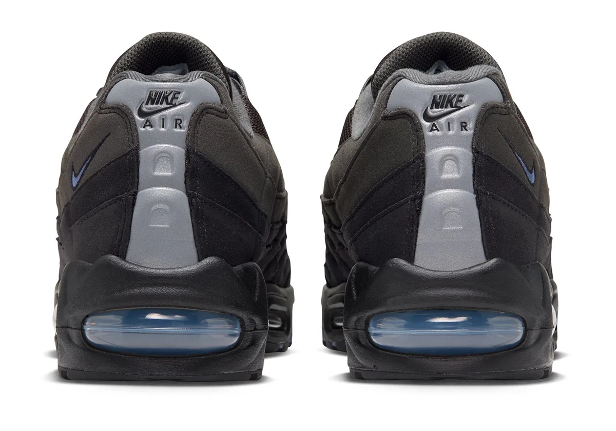 heel view of pair, grey Nike Air branding and pointed navy Air unit, Nike Air Max 95 "Pencil Point"