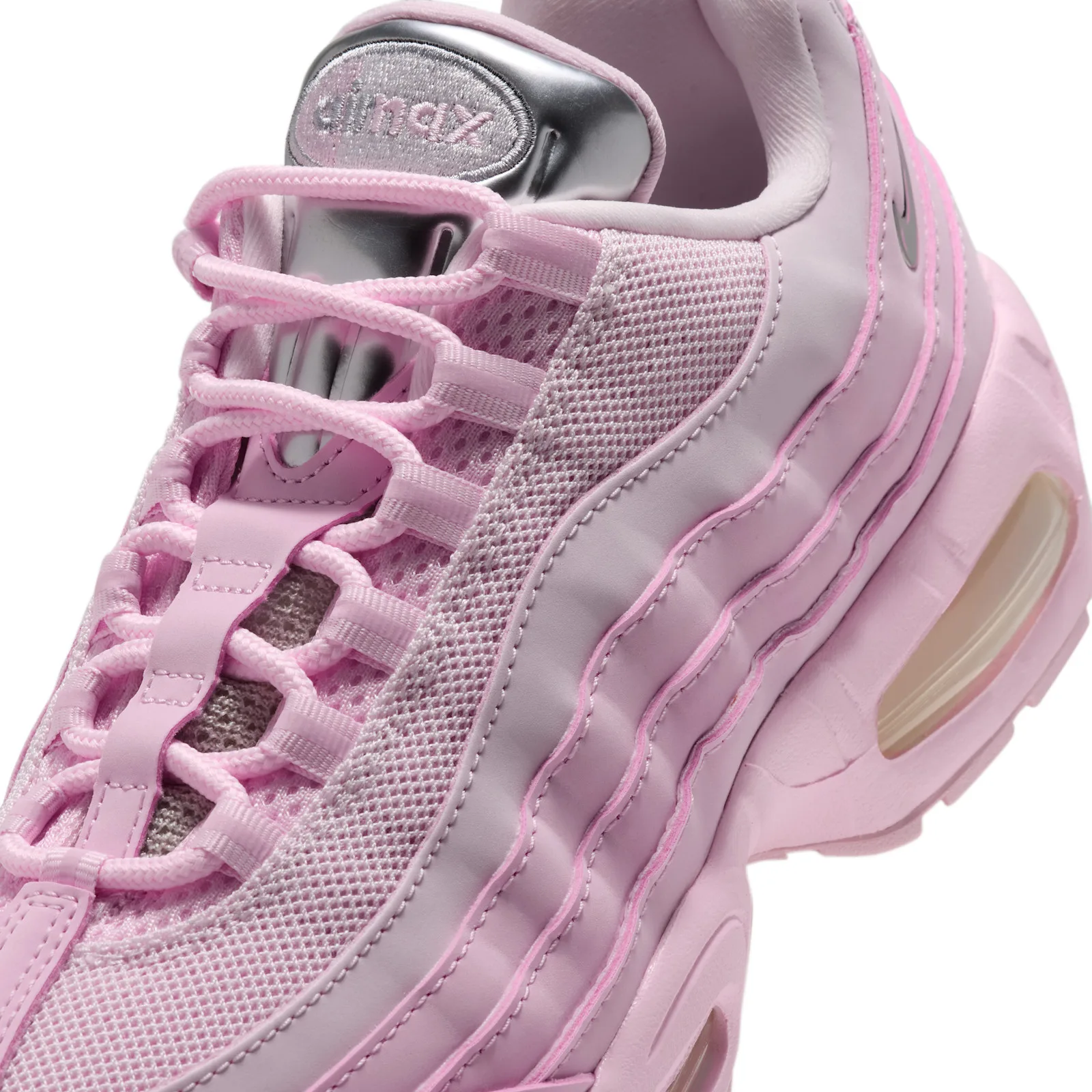 close-up tongue and lacing detail, silver air max tab and pink mesh, Pink Foam
