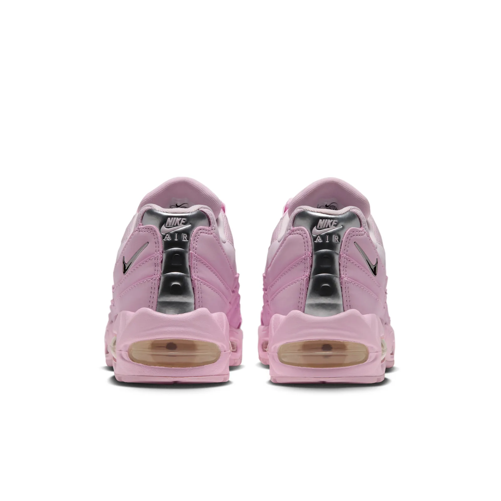 heel view of pair, silver Nike Air branding and visible air cushion units, Pink Foam