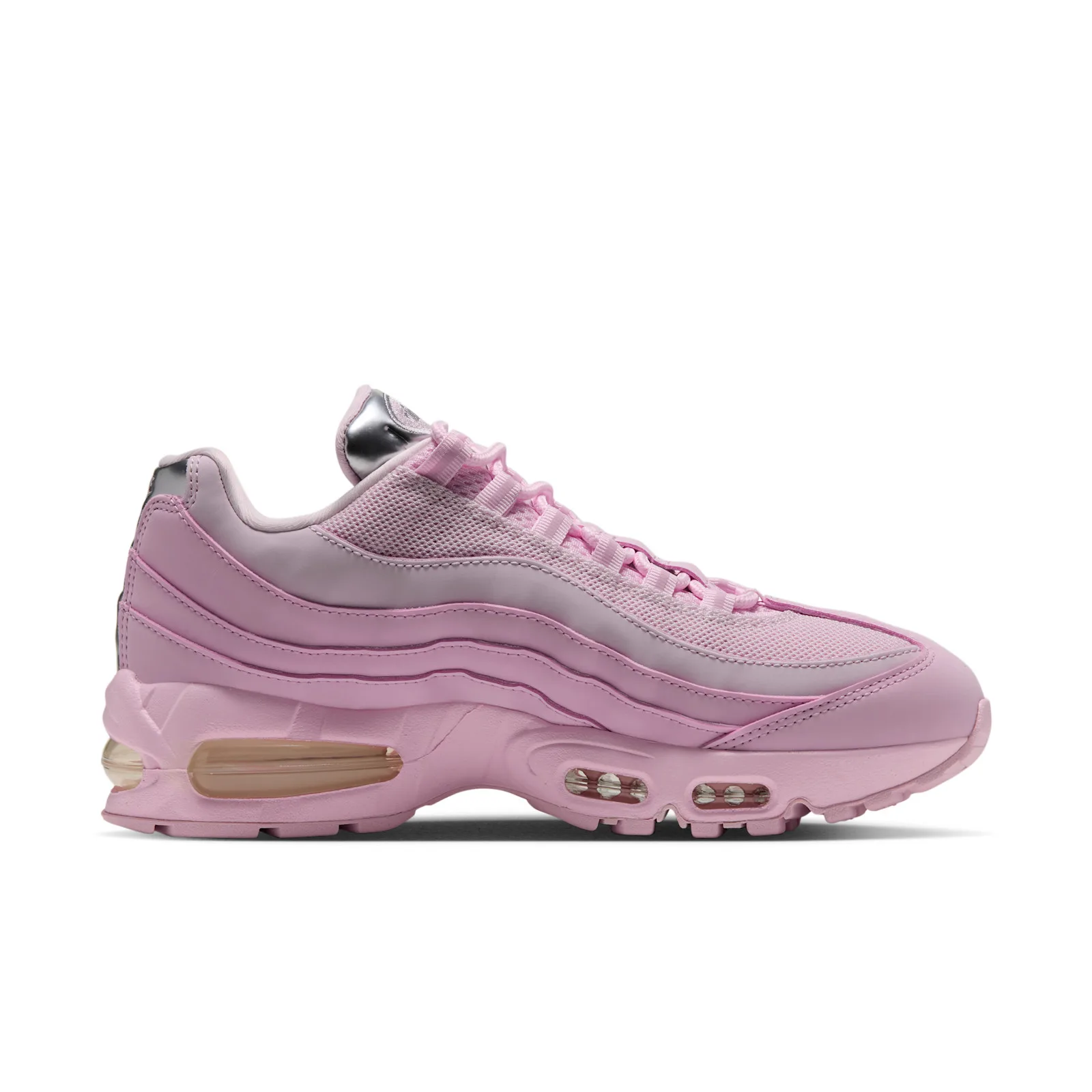 medial view on white, pink panels with silver heel tab and tan air unit, Pink Foam