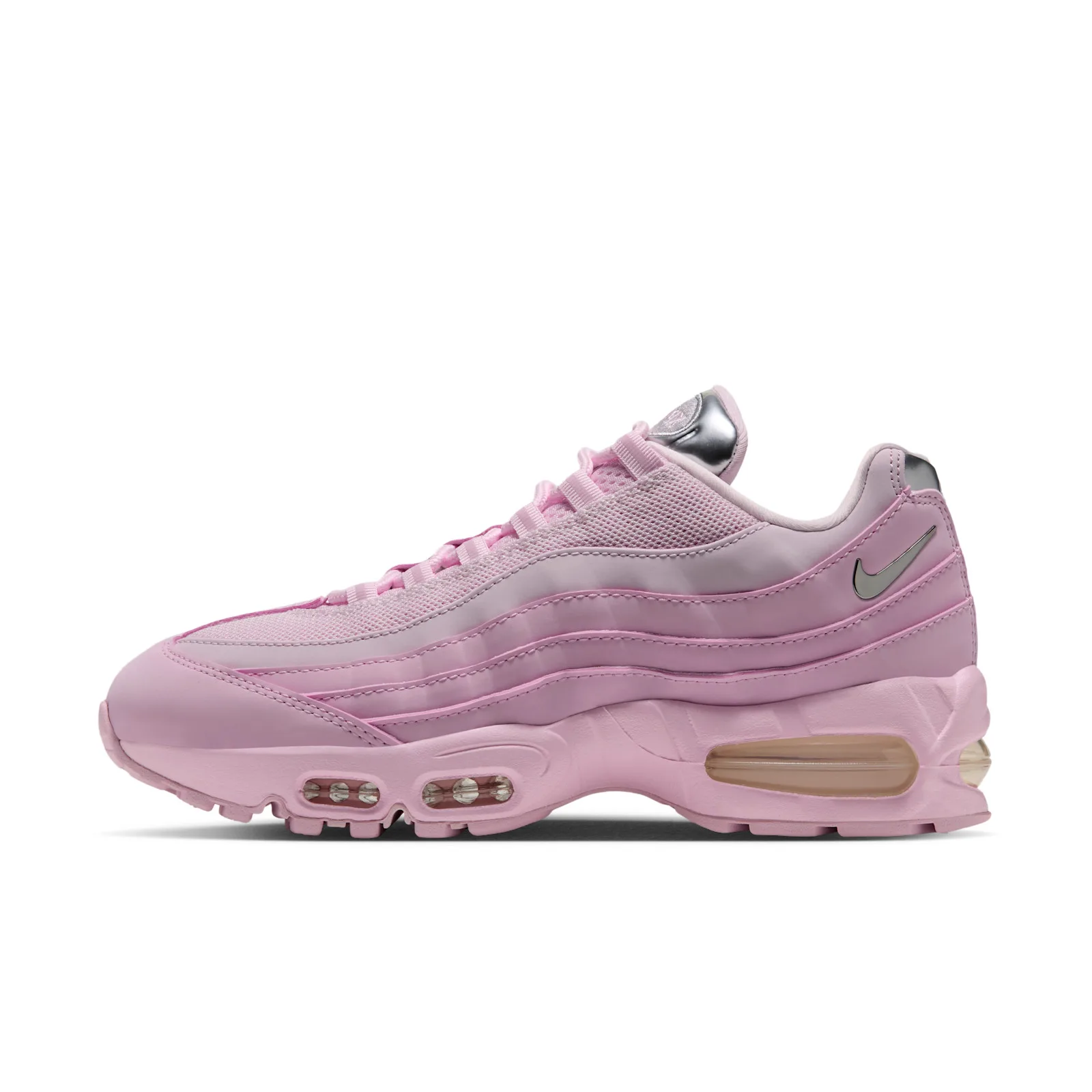 lateral view on white, pink layered mesh and leather with silver Swoosh, Pink Foam