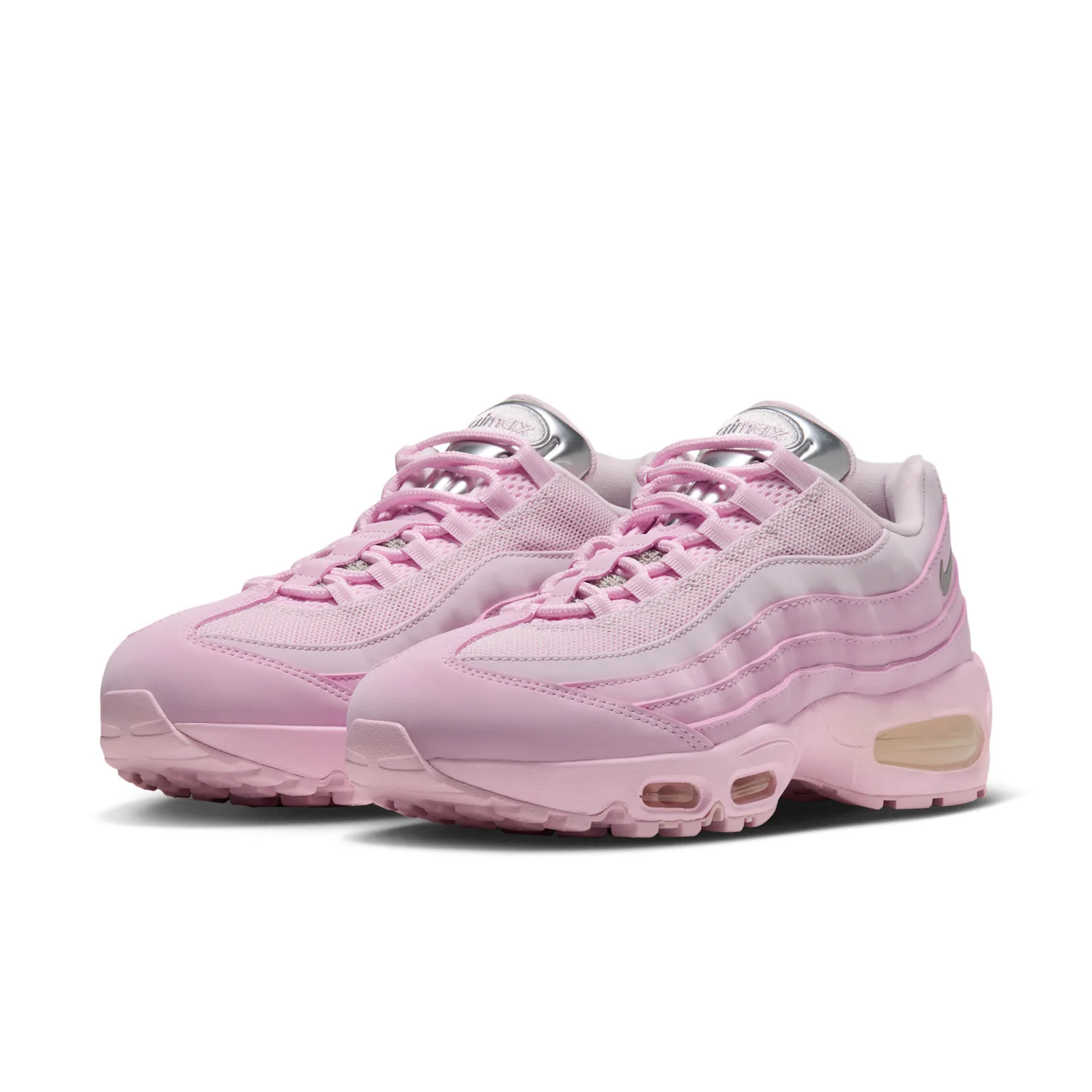 three-quarter pair view showing wavy pink overlays and silver heel tabs, Pink Foam