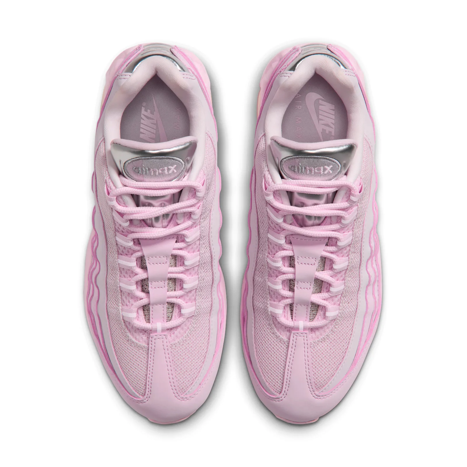 top-down pair view, pink laces and mesh with silver tongue tabs, Pink Foam