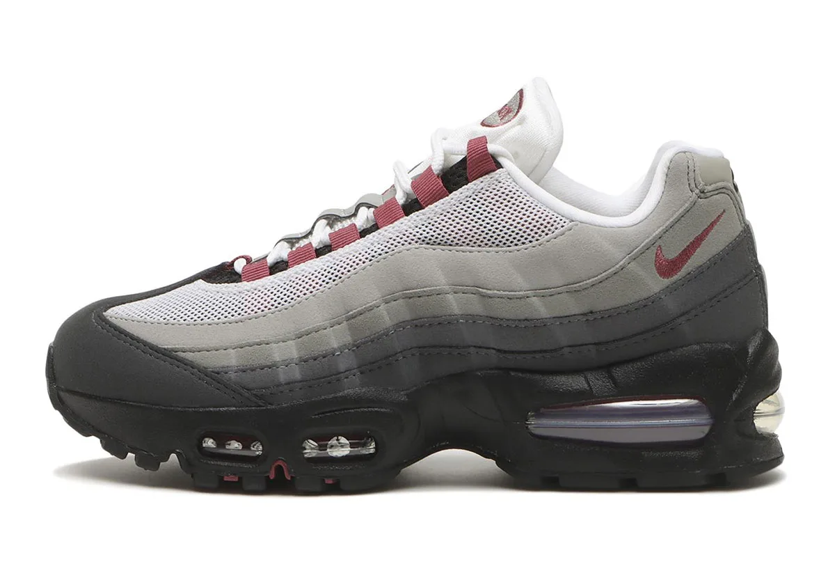 lateral view, grey and black gradient with burgundy swoosh and lace loops, Pink Smoke