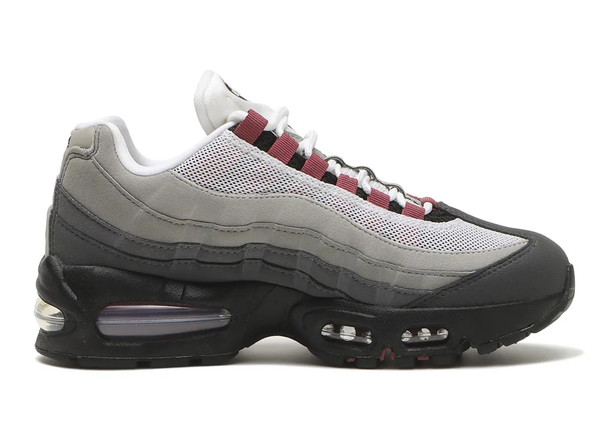 lateral view, white mesh toe fading to black heel with burgundy lace hooks, Pink Smoke
