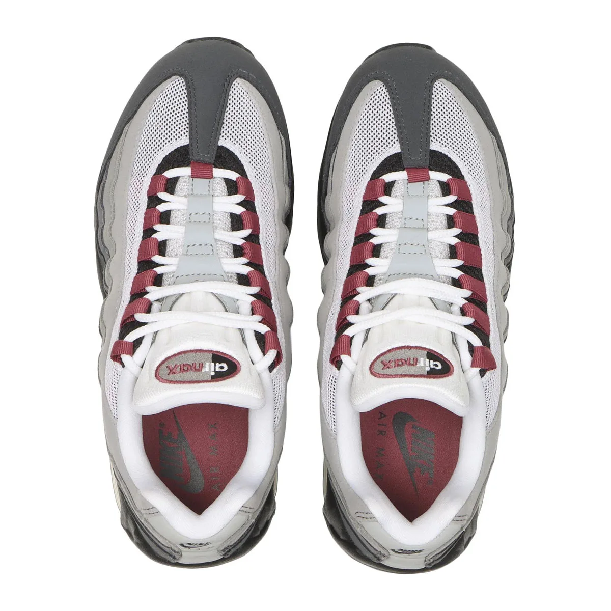 top-down pair view, grey mesh and suede layers with burgundy lace webbing, Nike Air Max 95 "Pink Smoke"