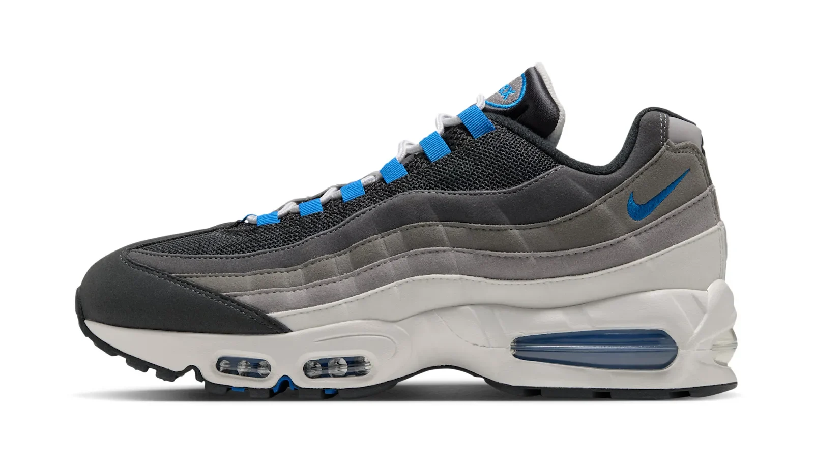 Lateral view, grey and black layered suede with blue lace loops and Nike swoosh, Nike Air Max 95 "Reverse Blue Spark"