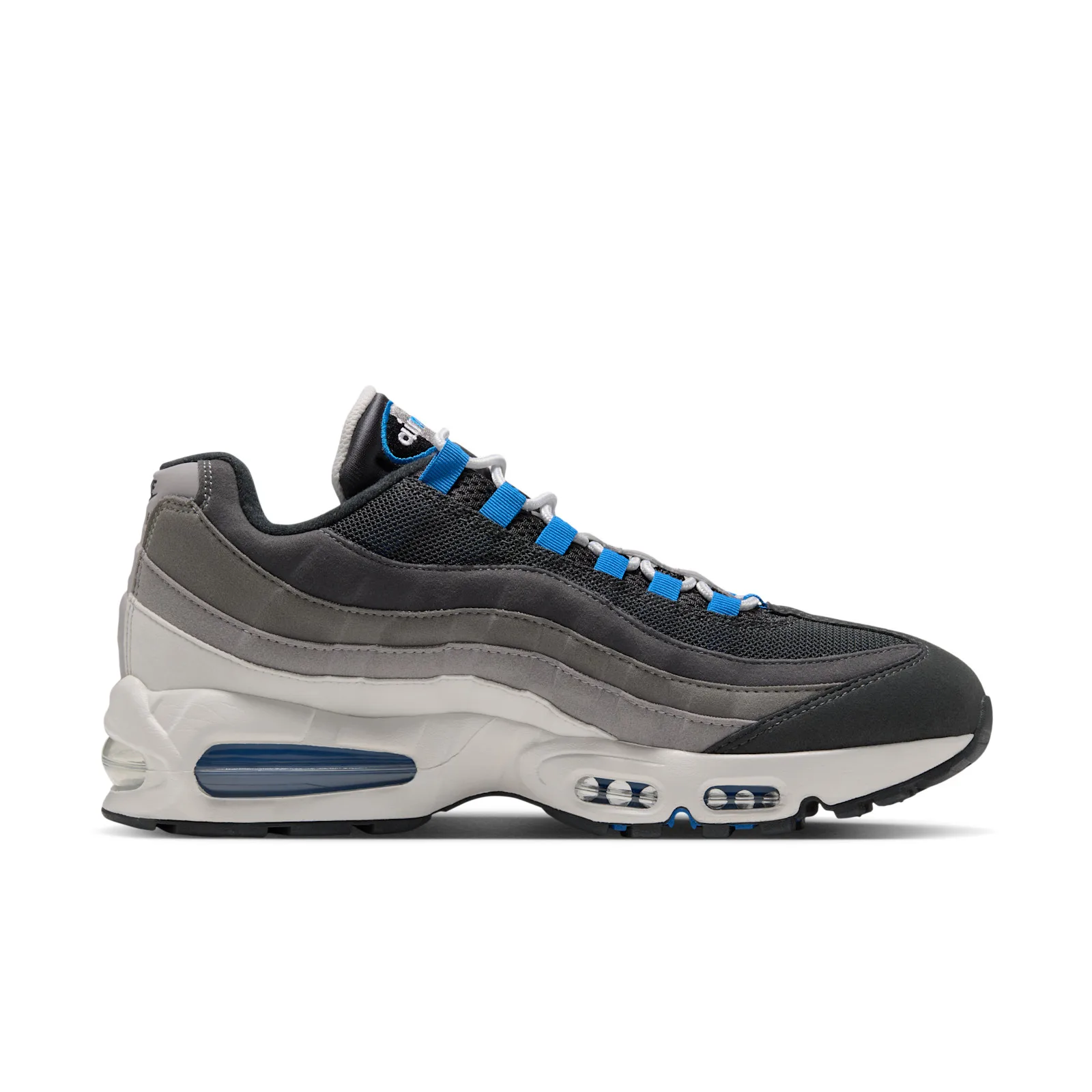 Medial view, grey tonal layers with blue Air Max heel tab and blue lace loops, Reverse Blue Spark