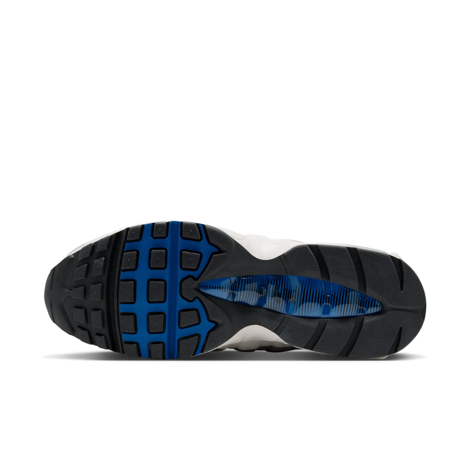 Outsole view with blue and black waffle tread and visible blue heel Air unit, Reverse Blue Spark