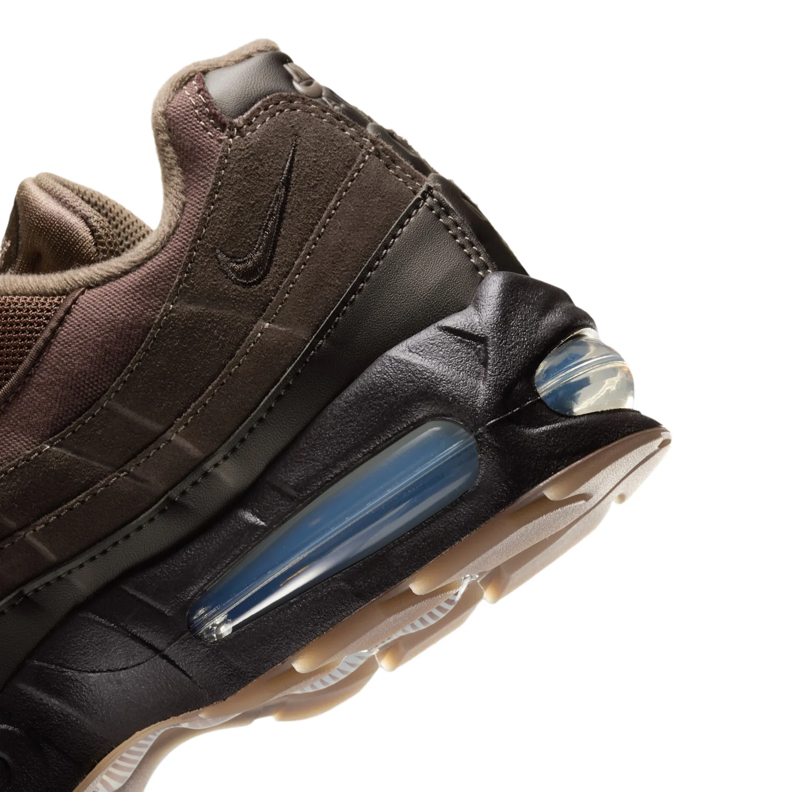 close-up of heel and outsole, dark leather counter with clear Air bubble, Shadow Brown