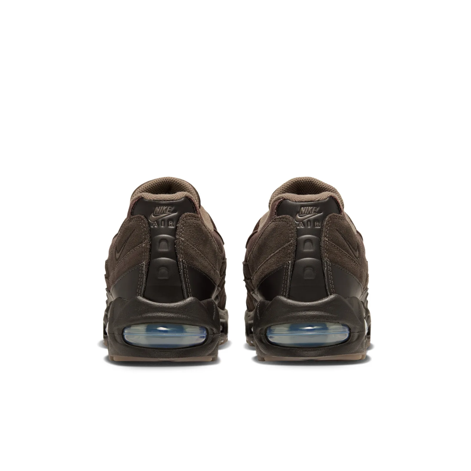 heel view of pair, brown suede with black Nike Air branding and visible Air unit, Shadow Brown
