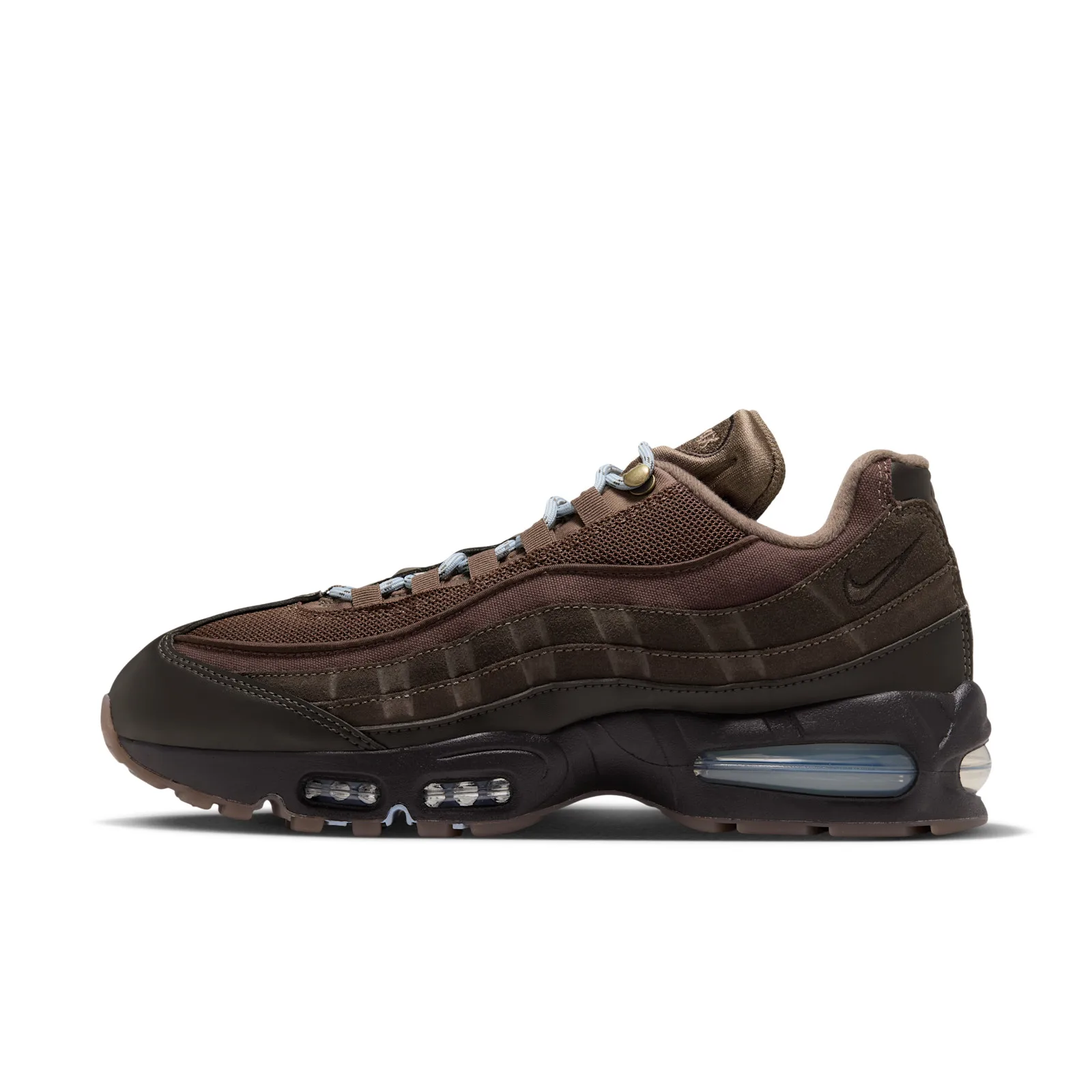 lateral view, brown suede and mesh layers with light blue laces, Shadow Brown