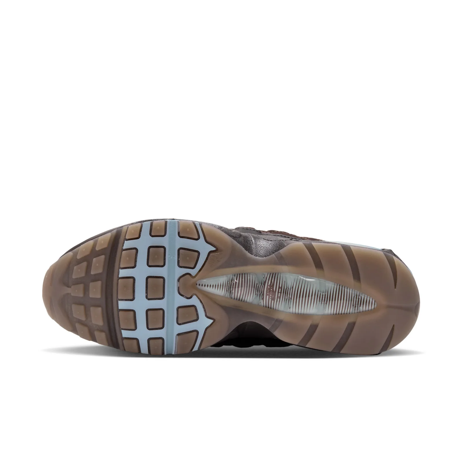 outsole view, brown waffle tread with light blue accent and clear Air window, Shadow Brown