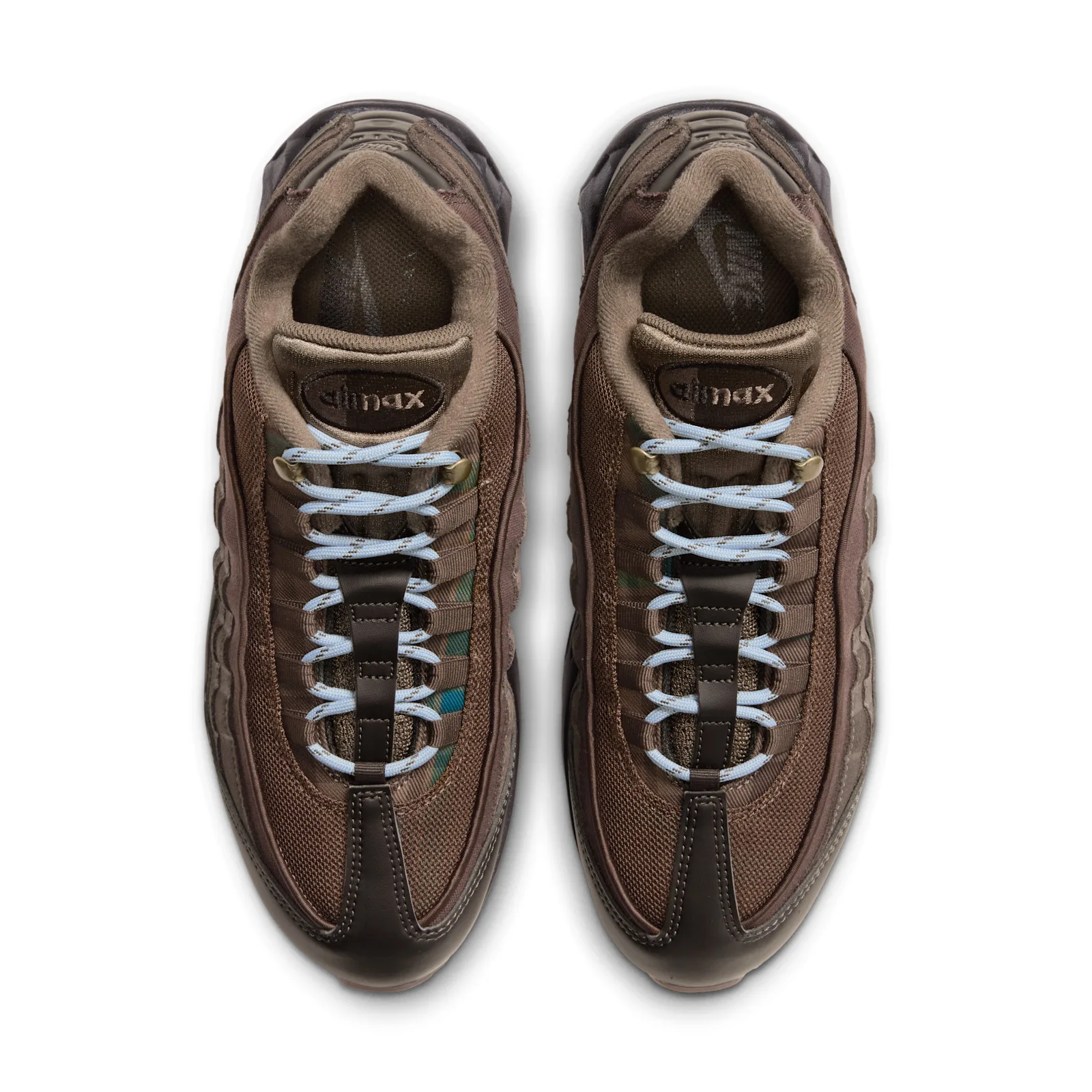 top-down view of pair, light blue crossed laces and airmax tongue tag, Shadow Brown