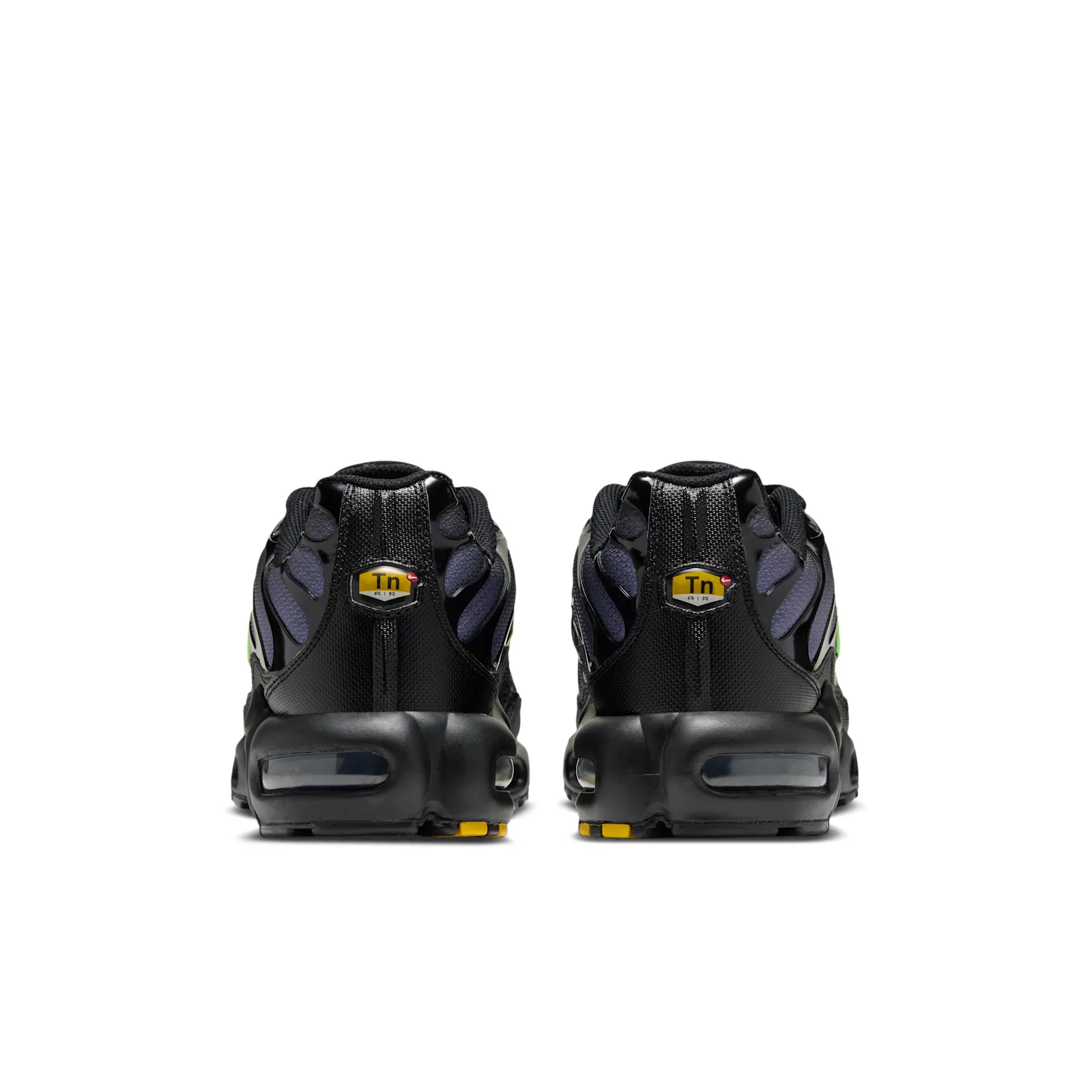 heel view of pair, black with gold Tn Air tab and purple accents, Joker