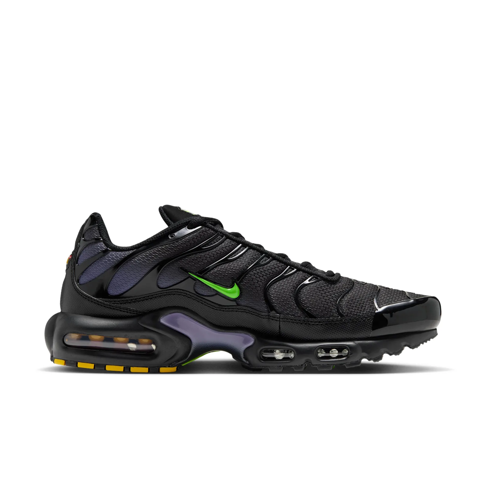 lateral view, black upper with yellow tread details and purple heel panel, Joker