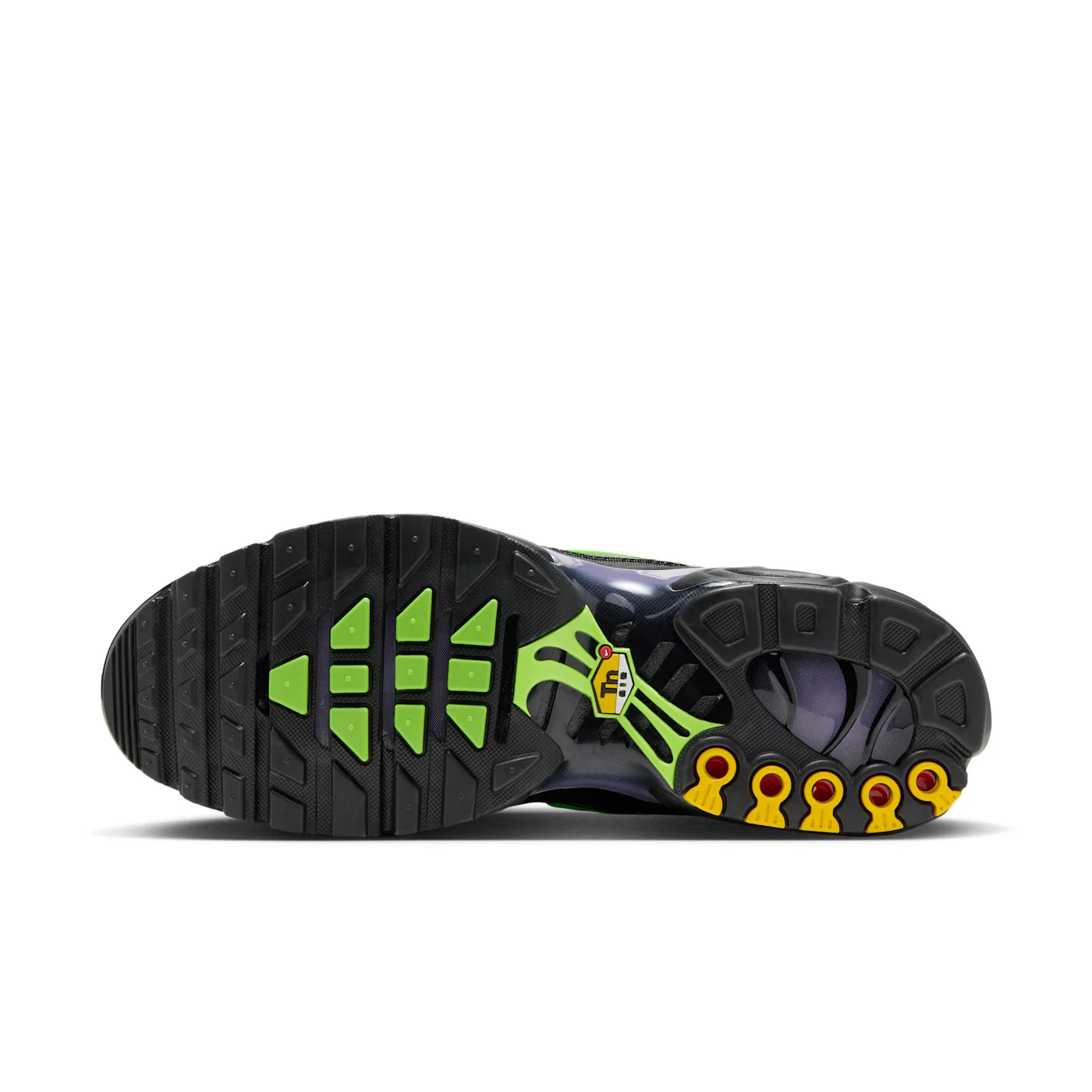 outsole view, green and yellow tread pattern with Tn Air heel logo, Joker