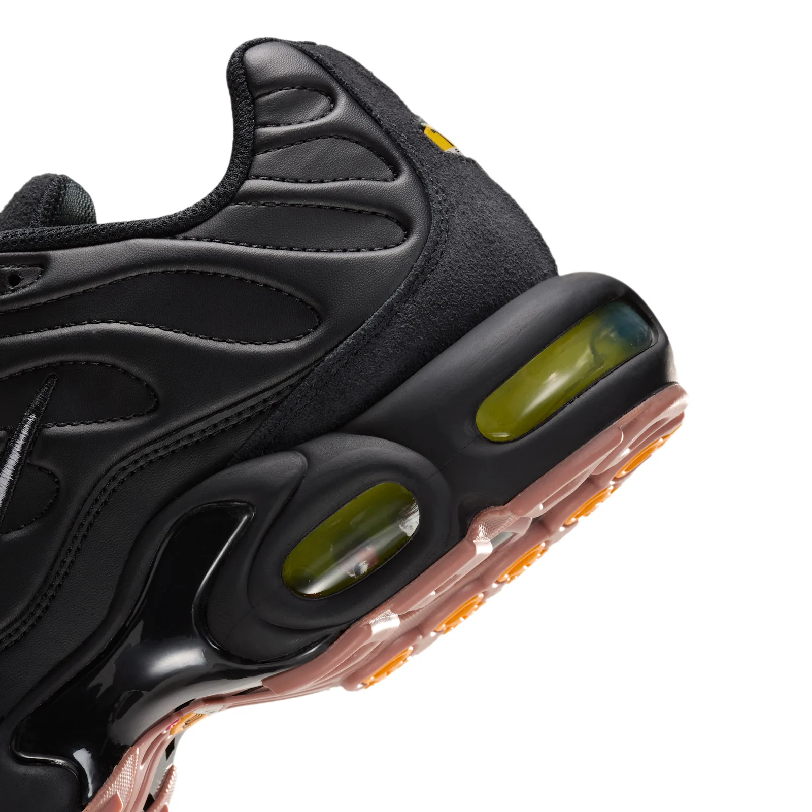 close-up of heel and midsole, olive-green air units, pink outsole, orange accents, Premier