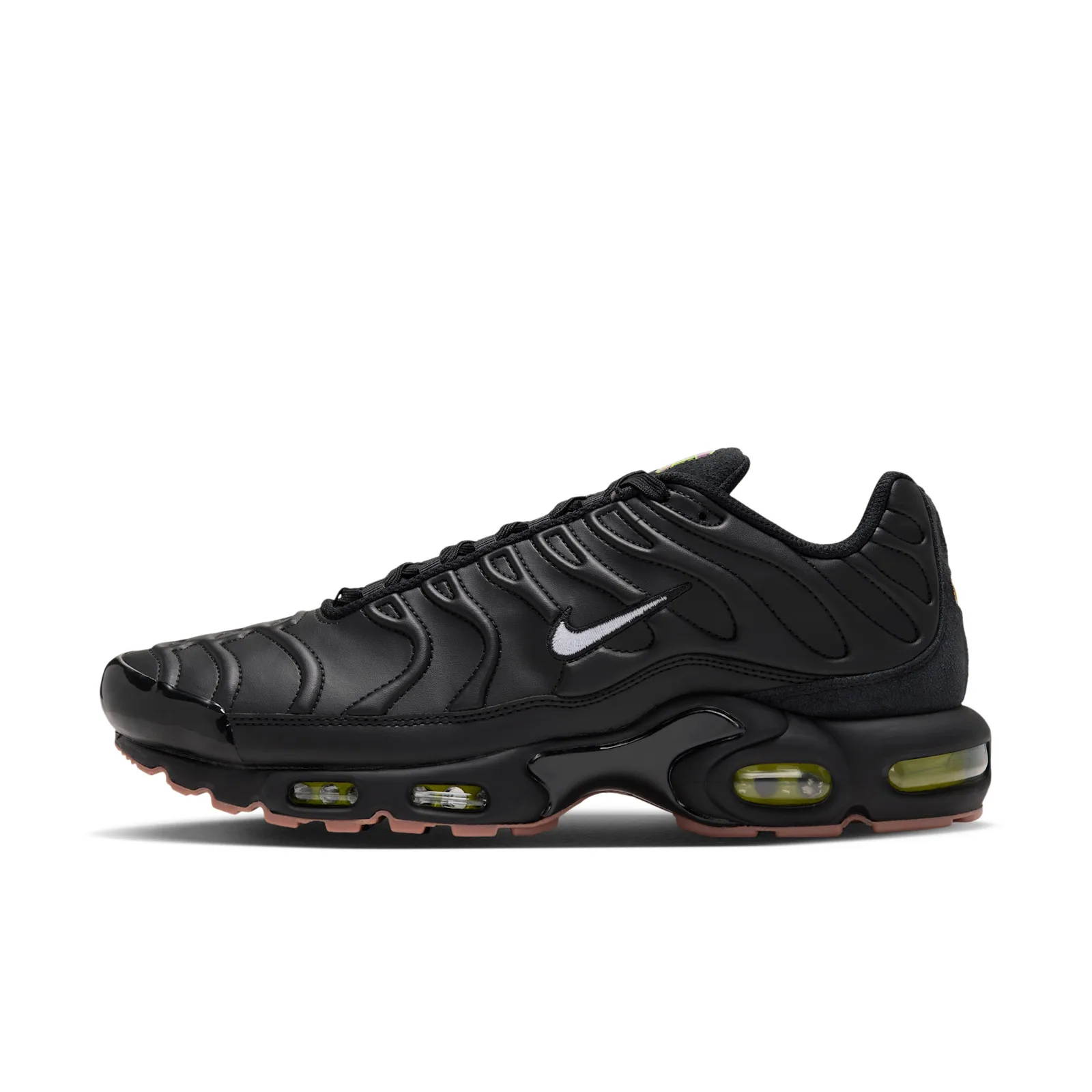 lateral view, black upper with tonal stitched wave panels, white swoosh, translucent olive air units, Premier