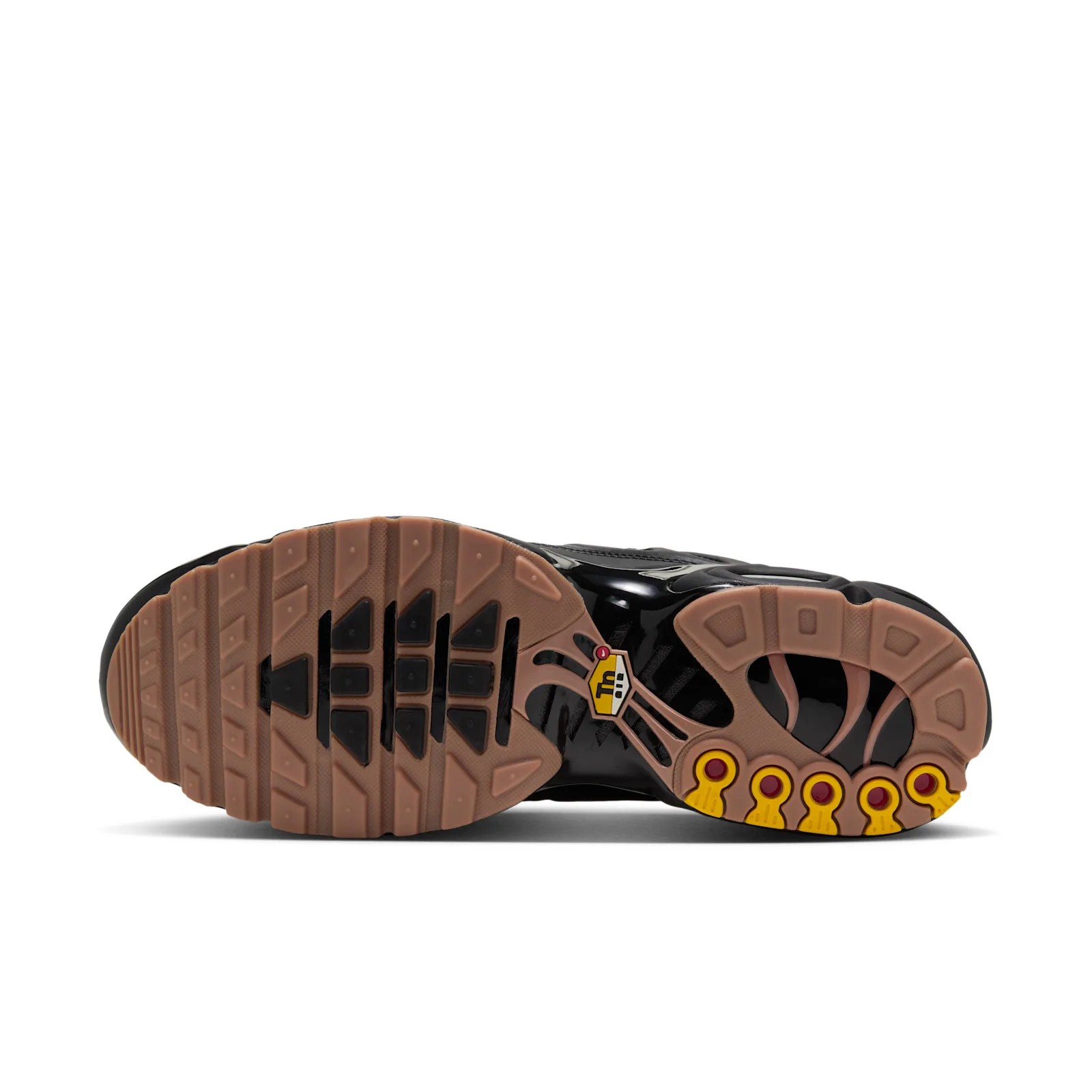 outsole view of pair, pink-mauve tread with yellow and red circular traction pods, Premier