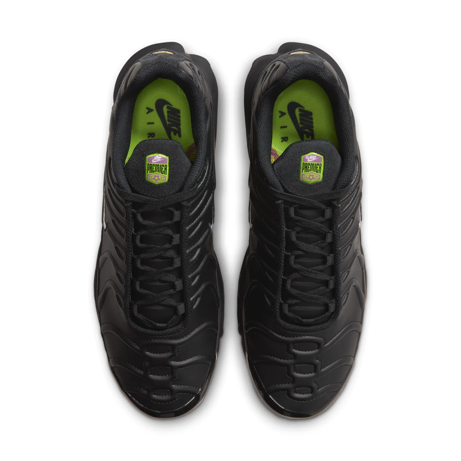 top-down pair view, black laces, lime green 'NIKE AIR' insole liner, purple 'PREMIER' heel tab, Premier