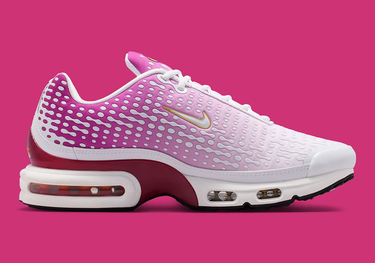 medial view, white fading to purple with raised dot pattern and gold swoosh, Raspberry Red