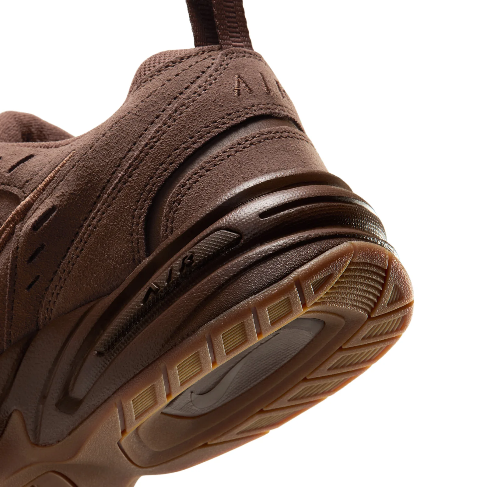 rear angle close-up, brown suede heel with AIR text and gum sole tread, Suede