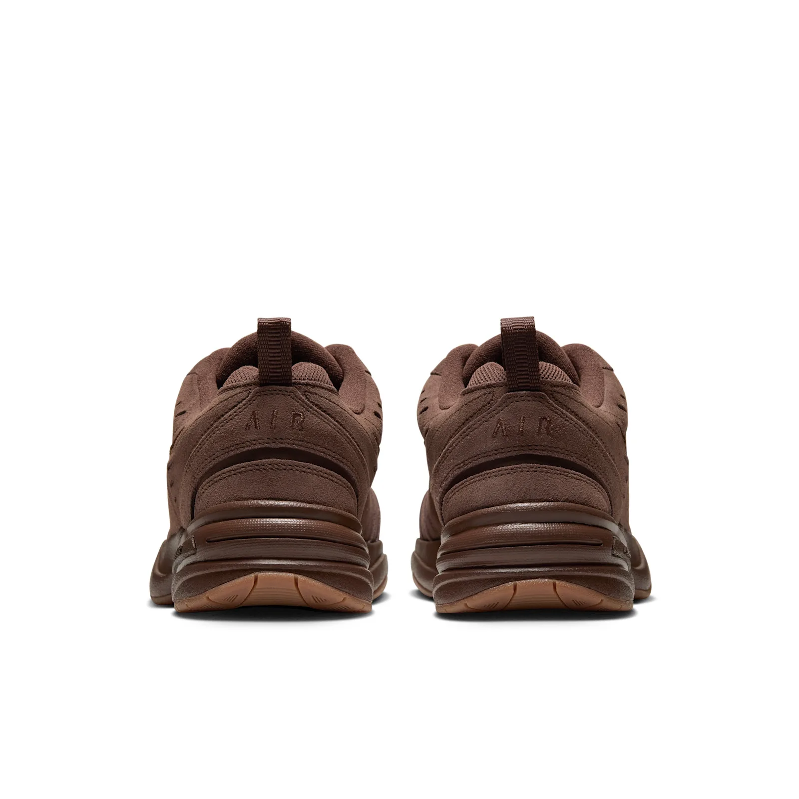 heel view of pair, brown suede with embossed AIR text and gum outsoles, Suede