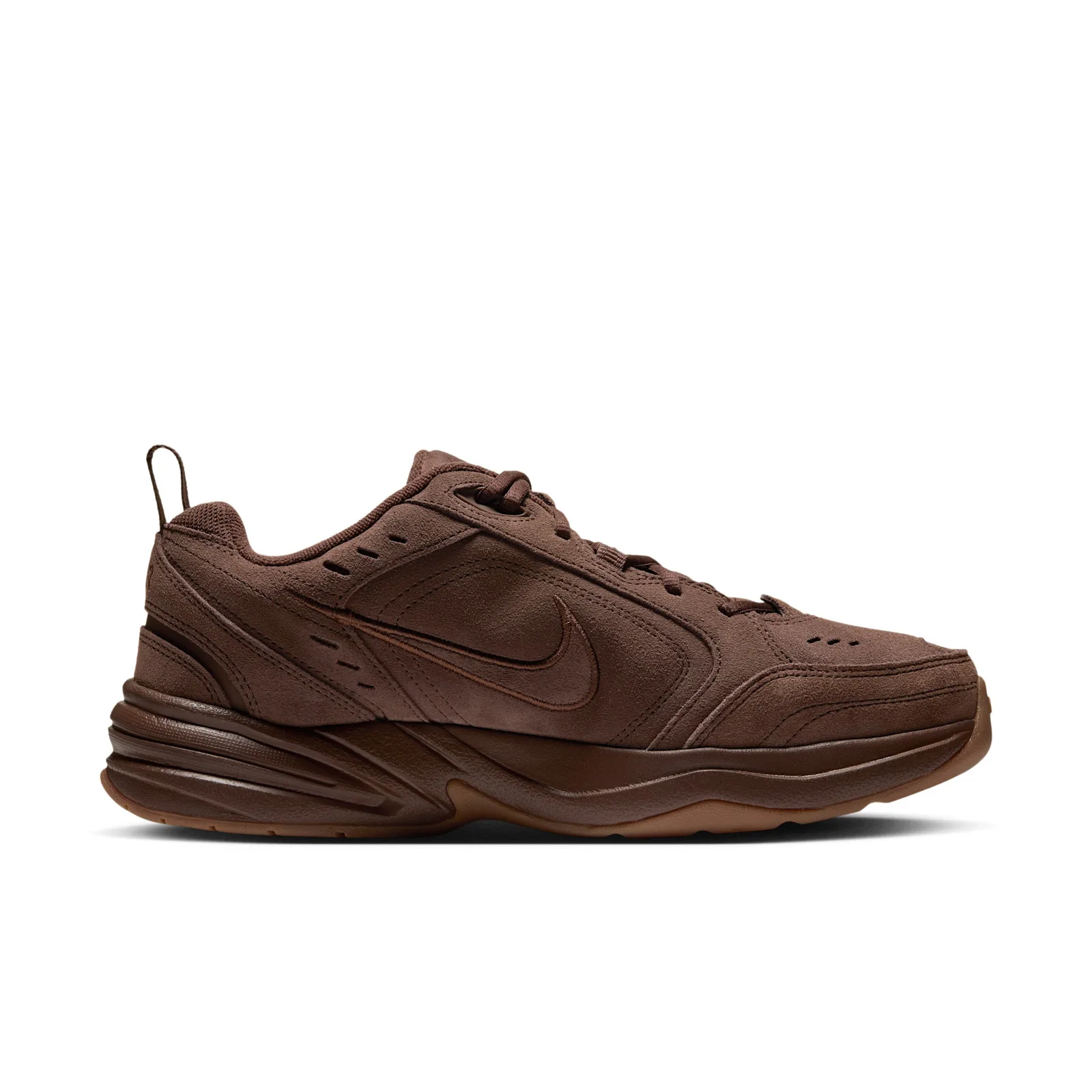 lateral view, dark brown suede with tonal swoosh and visible heel pull tab, Suede