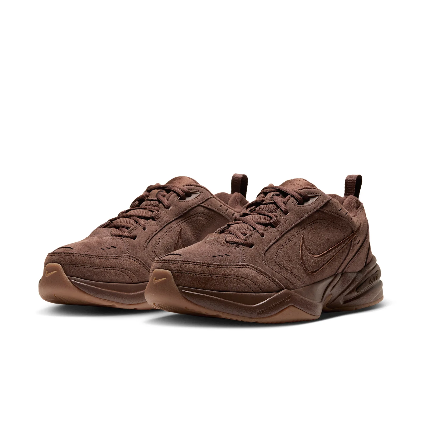 three-quarter pair view, dark brown suede sneakers with gum soles, Suede