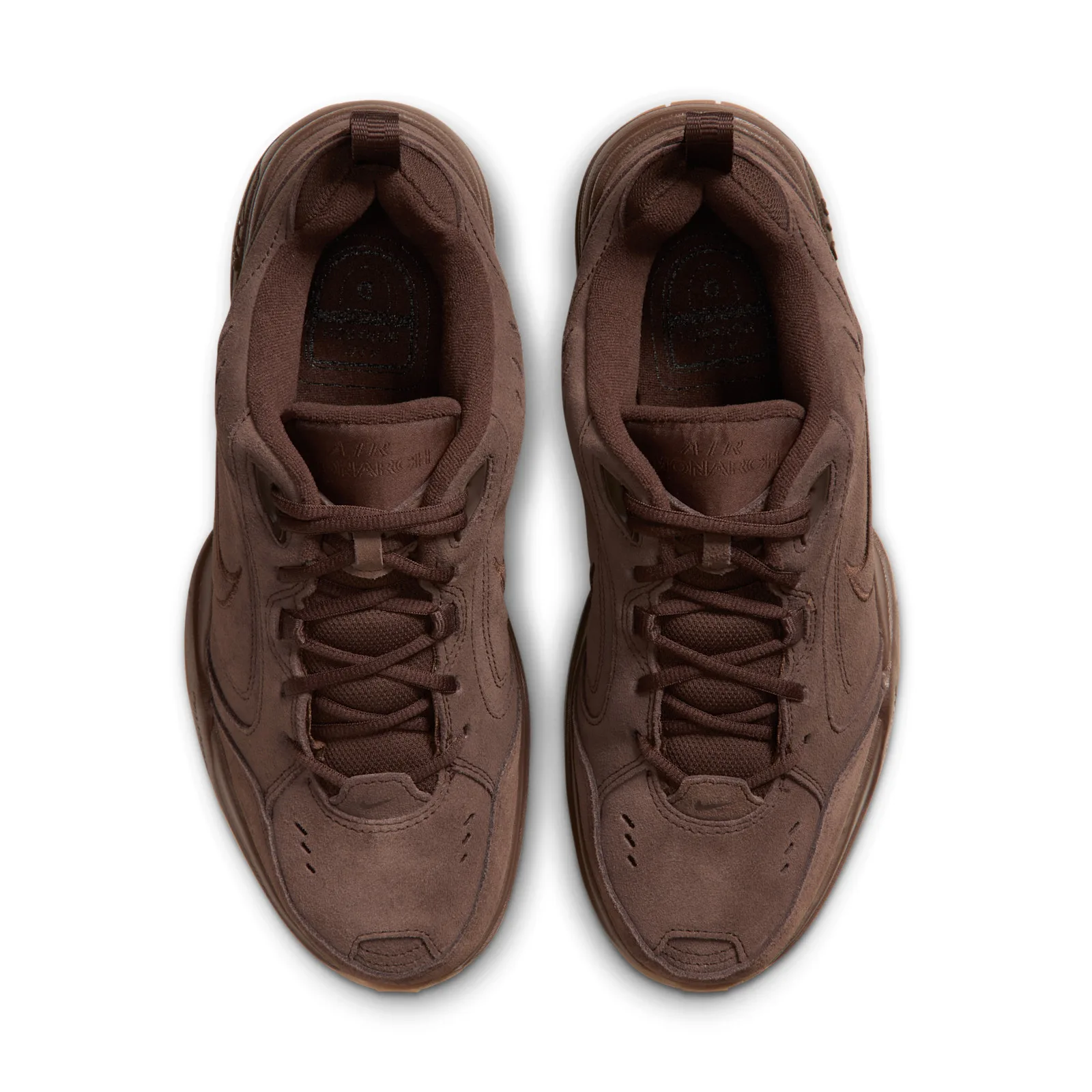 top-down view of pair, dark brown suede uppers with laces and gum soles, Suede