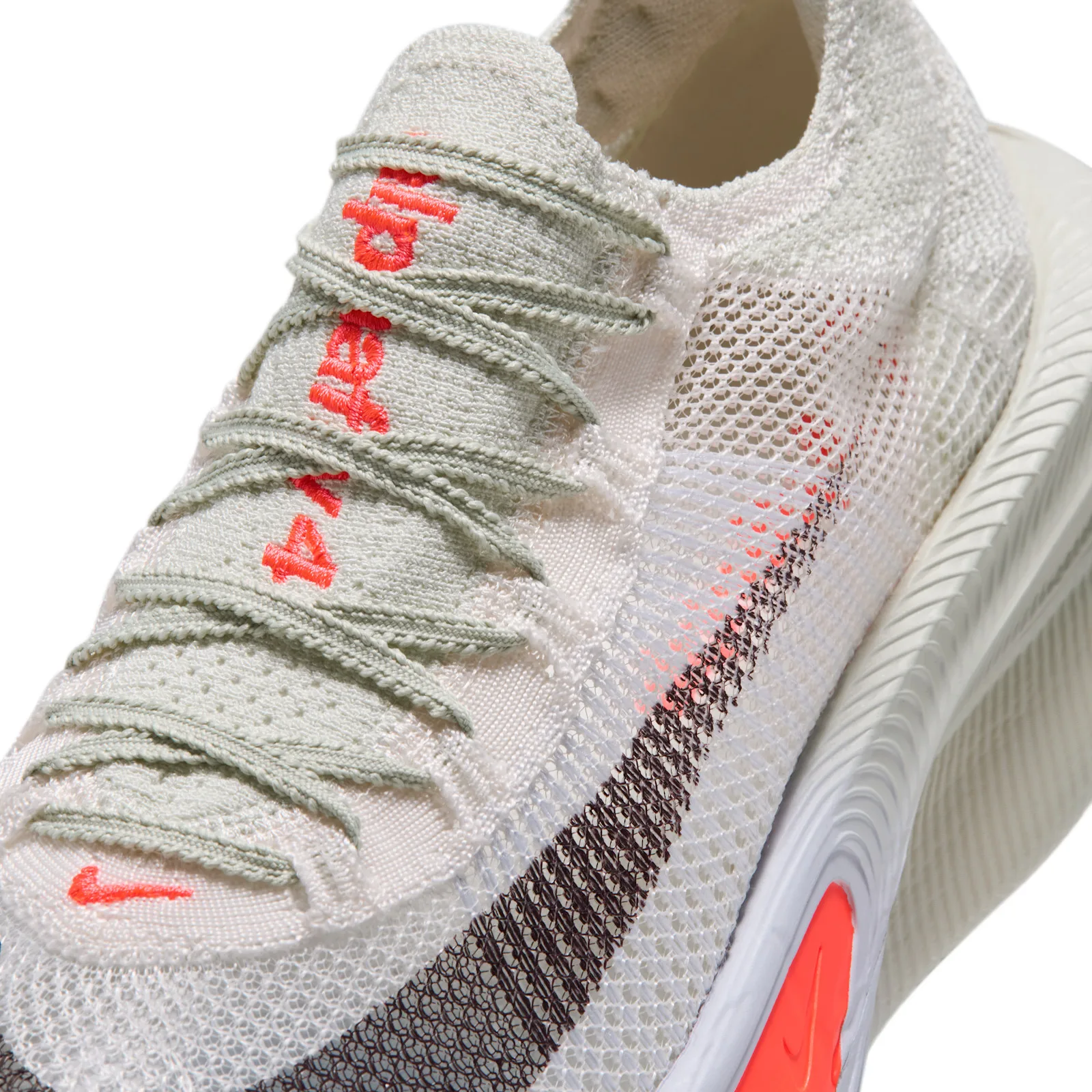 close-up of laces and toe, orange 'alpha' embroidery and black Swoosh on mesh, Nike AlphaFly 4