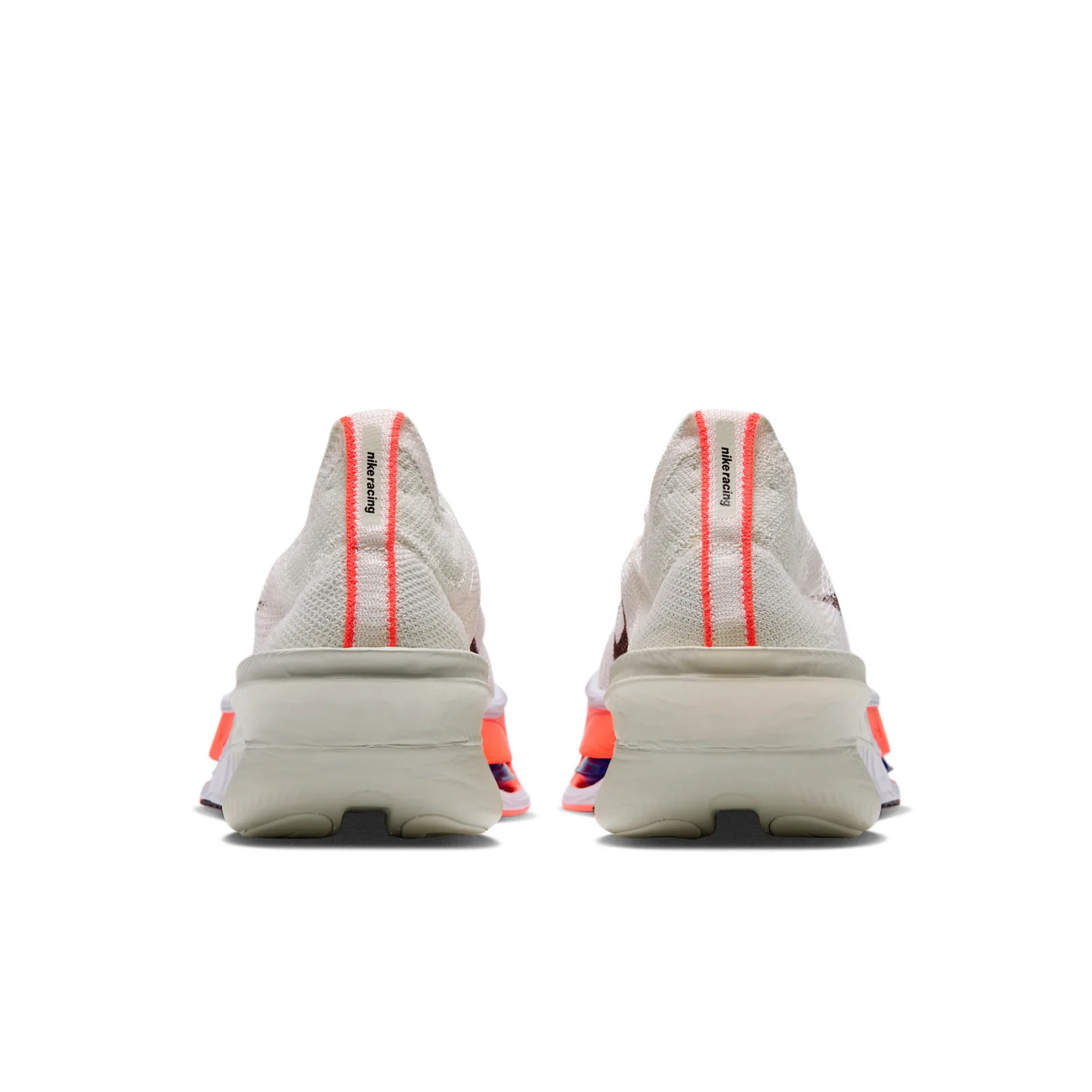 heel view of pair, white knit with crimson stripe and black 'nike racing' heel tab, Nike AlphaFly 4