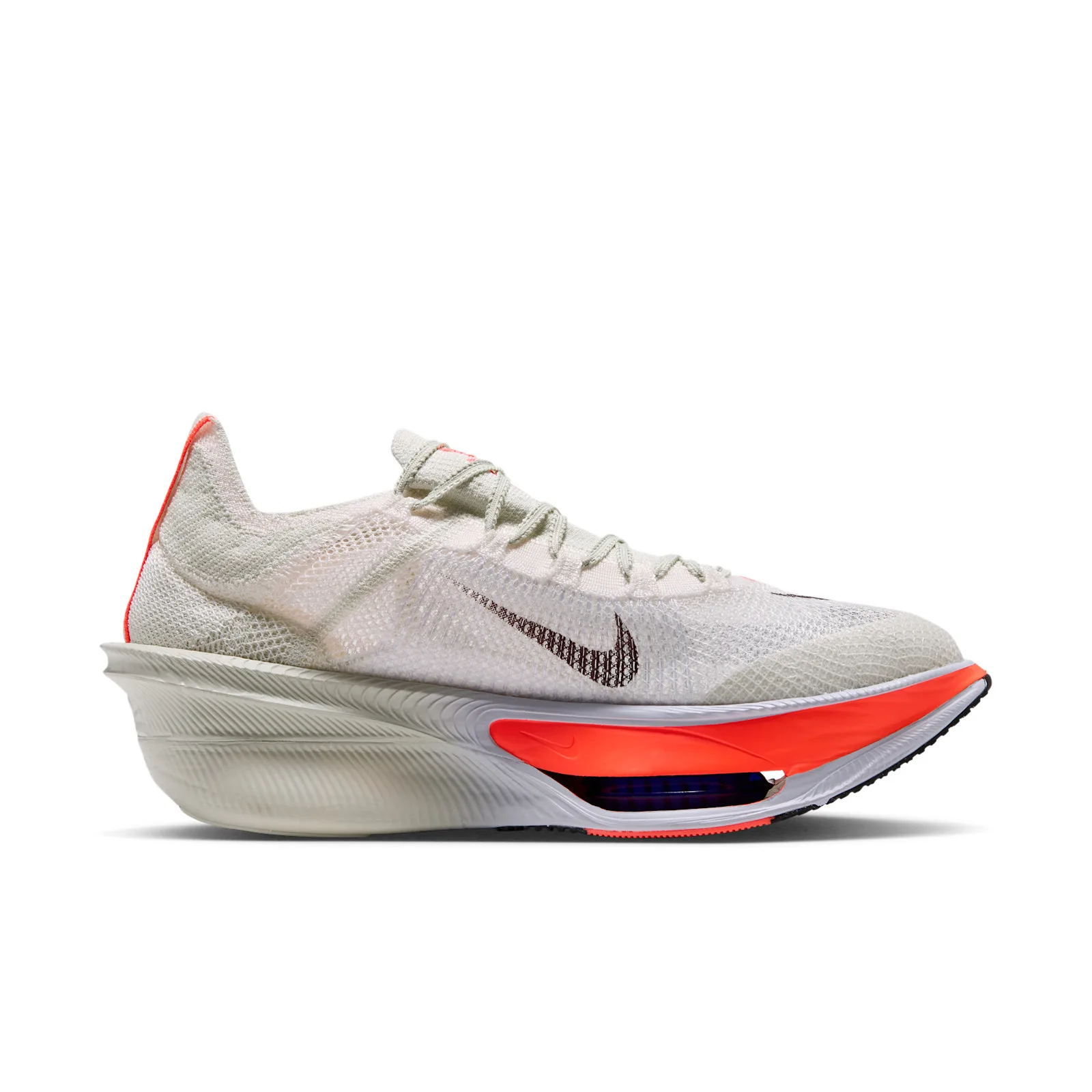 lateral view, white mesh upper with dark Swoosh, crimson pod visible at midsole, Nike AlphaFly 4