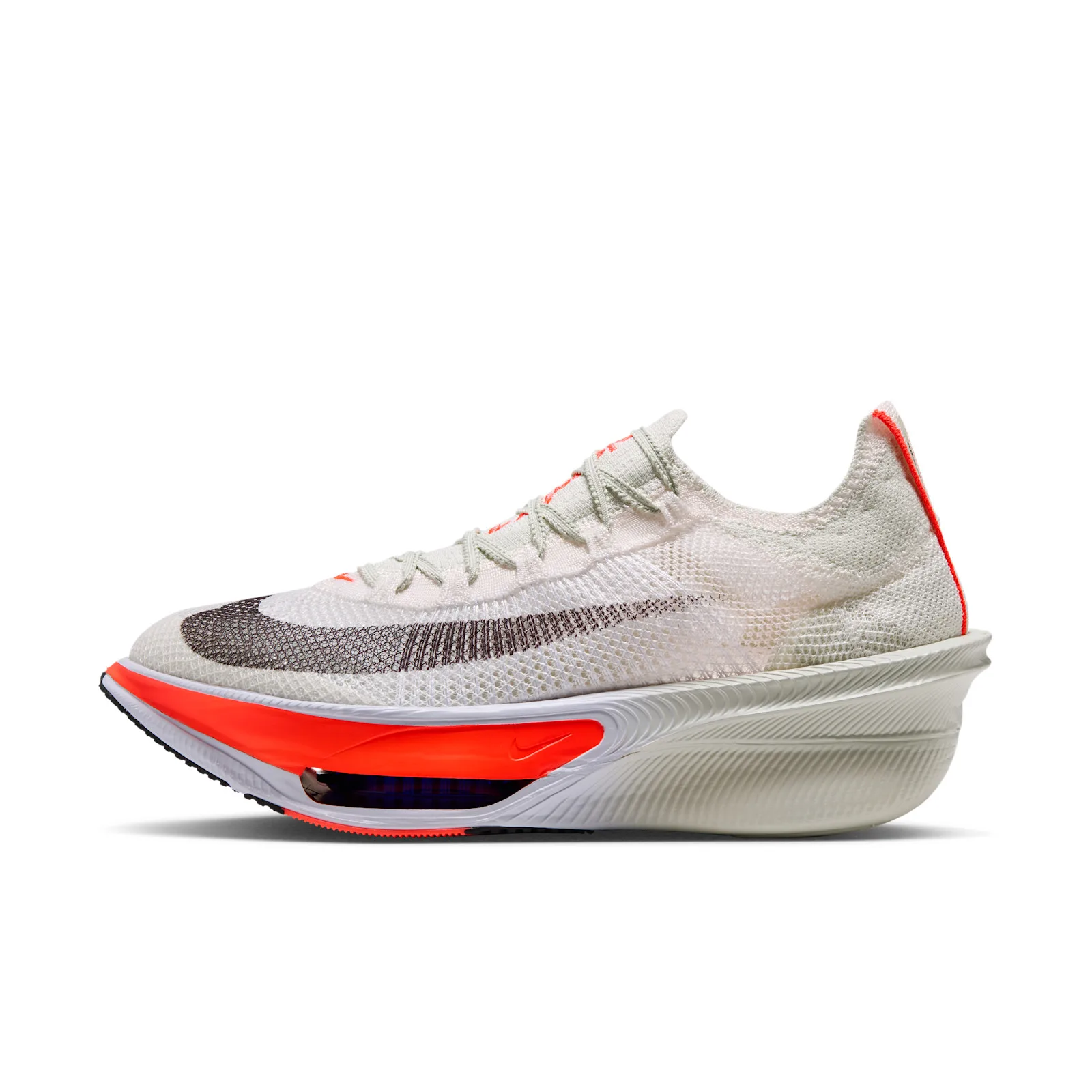 lateral view, off-white flyknit upper, black Swoosh, crimson midsole accent panel, Nike AlphaFly 4